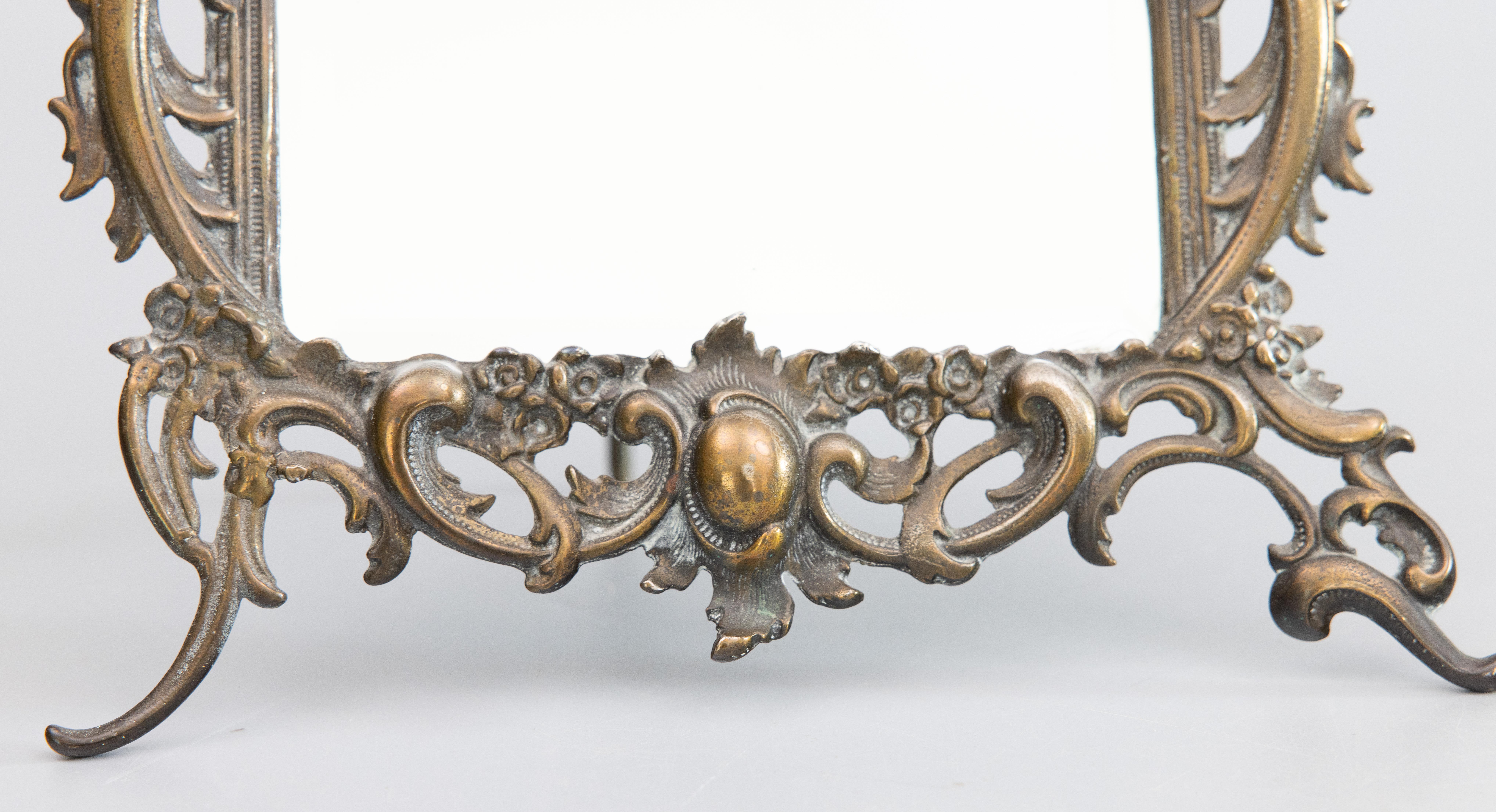 20th Century Antique Rococo Style French Brass Vanity Dresser Table Mirror, circa 1900 For Sale