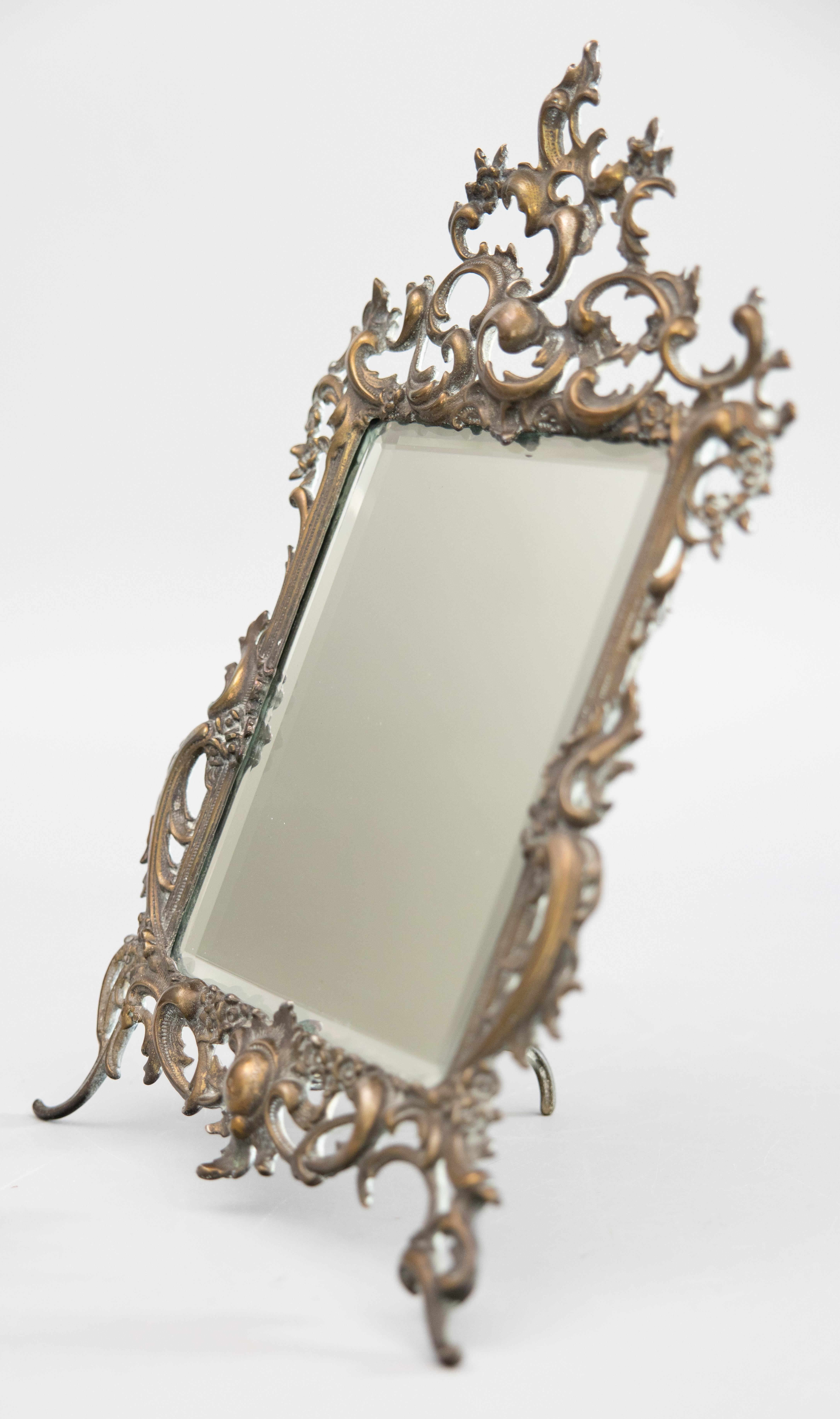 Antique Rococo Style French Brass Vanity Dresser Table Mirror, circa 1900 For Sale 4
