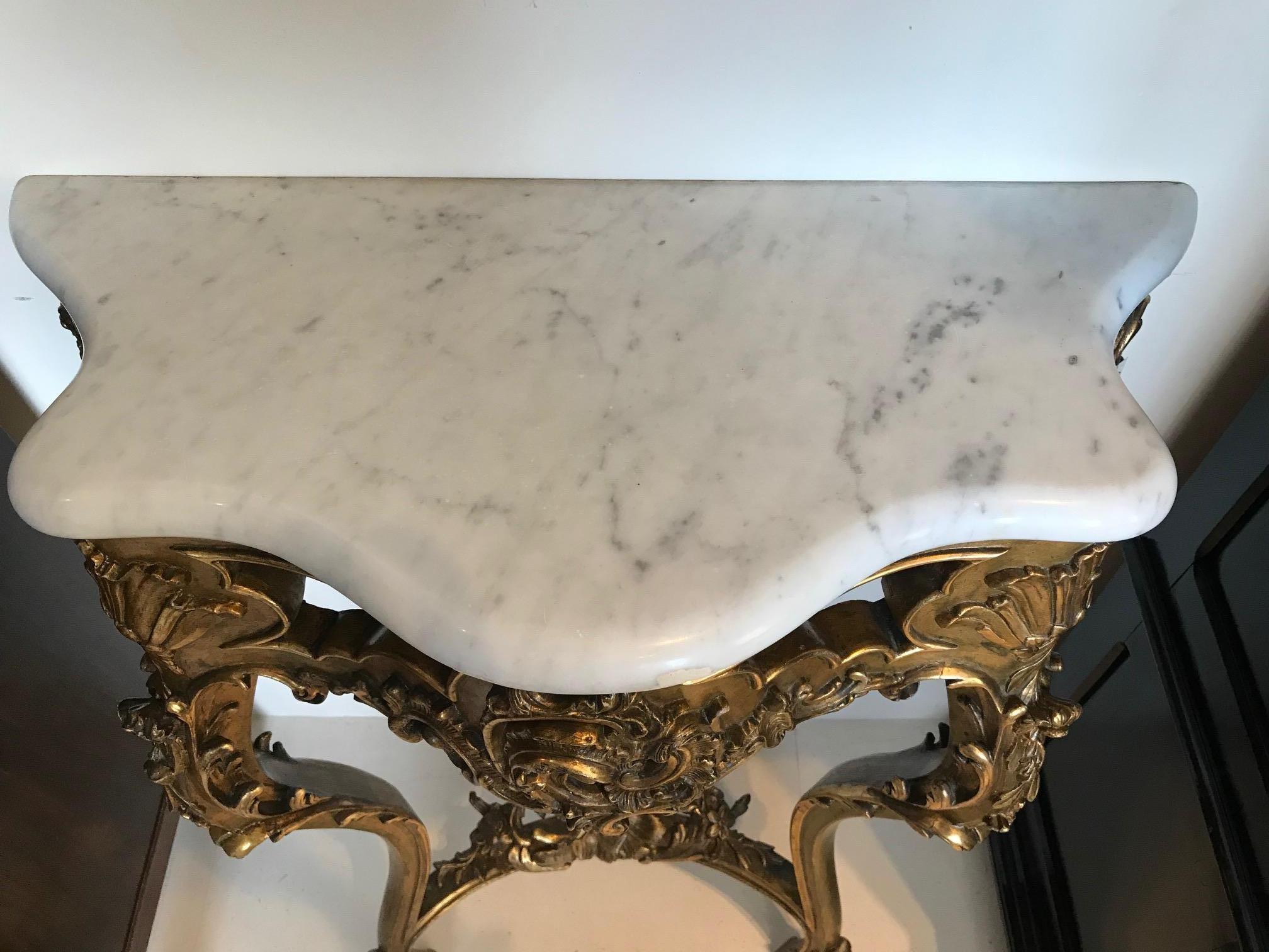 Gilt Antique Rococo Style Gilded Marble-Top Console For Sale