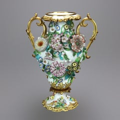Antique Rococo Style Hand Painted & Gilt Urn with Applied Flower Garden, 19th C