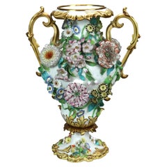 Antique Rococo Style Hand Painted & Gilt Urn with Applied Flower Garden, 19th C