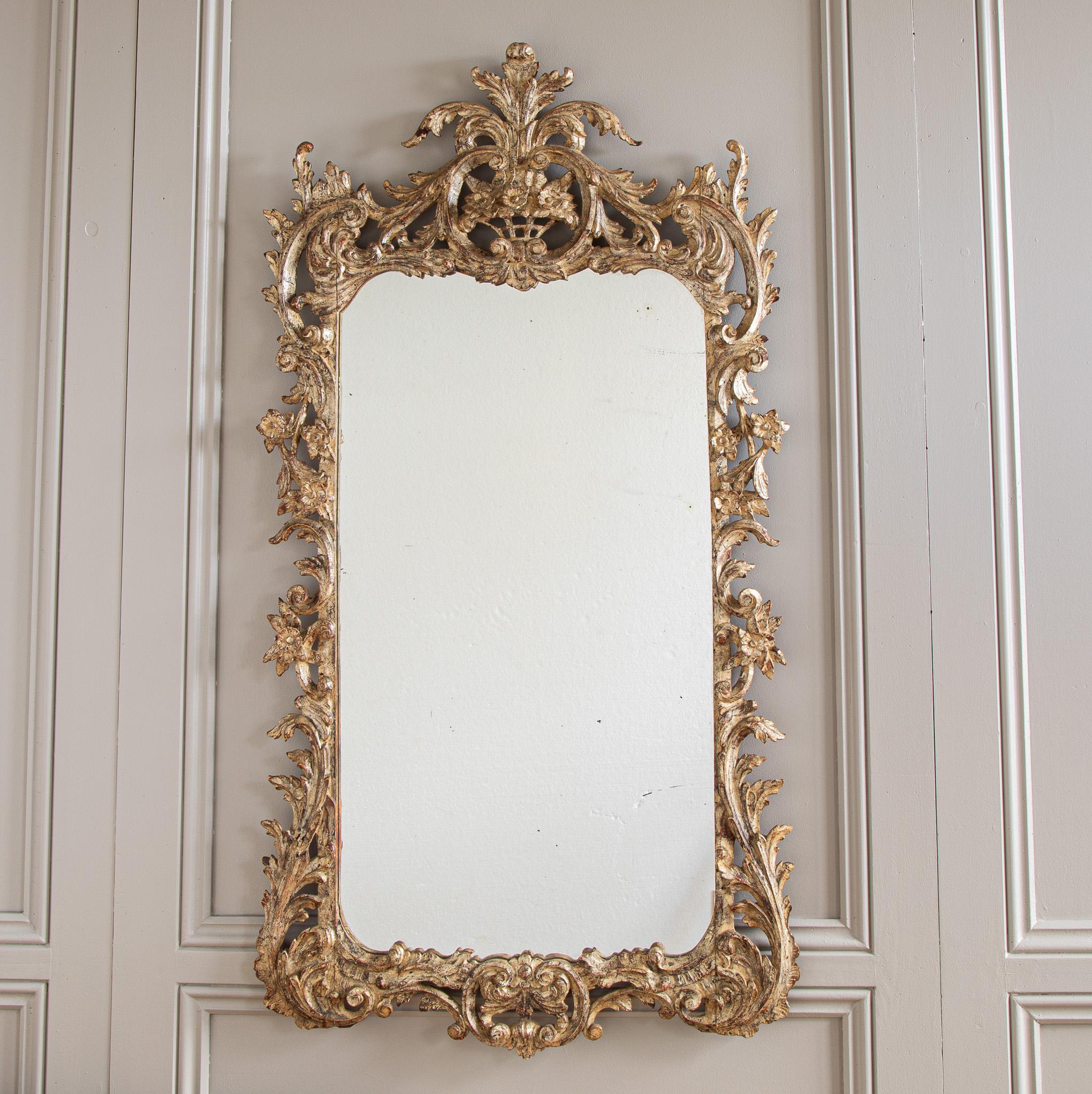 Louis XV Early 1900’s Florentine rococo Style Silver Giltwood mirror For Sale