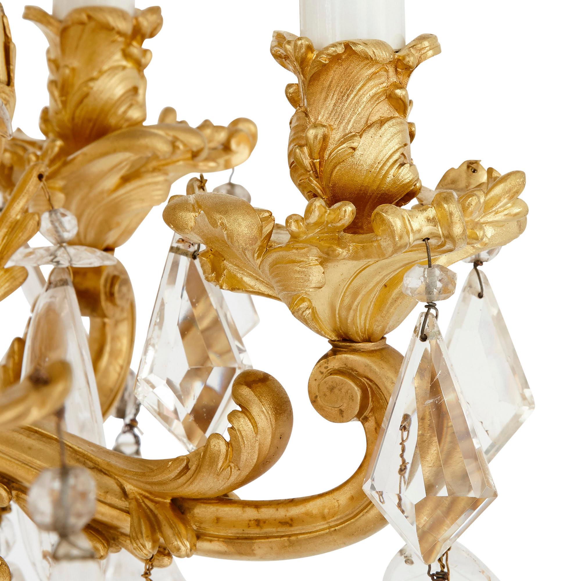 19th Century Antique Rococo Style Ormolu and Cut Glass Twelve-Light Chandelier For Sale
