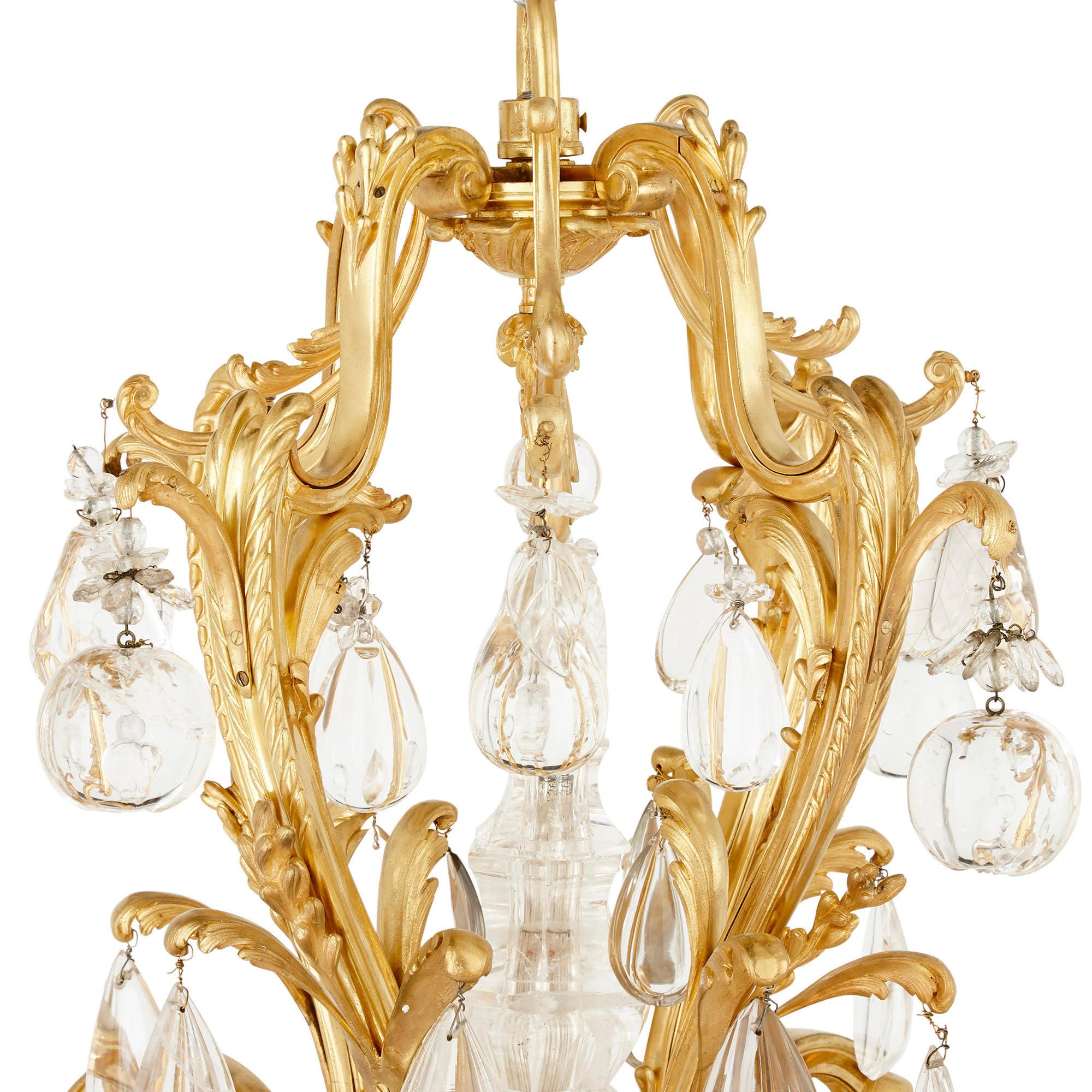 Rock Crystal Antique Rococo Style Ormolu and Cut Glass Twelve-Light Chandelier For Sale