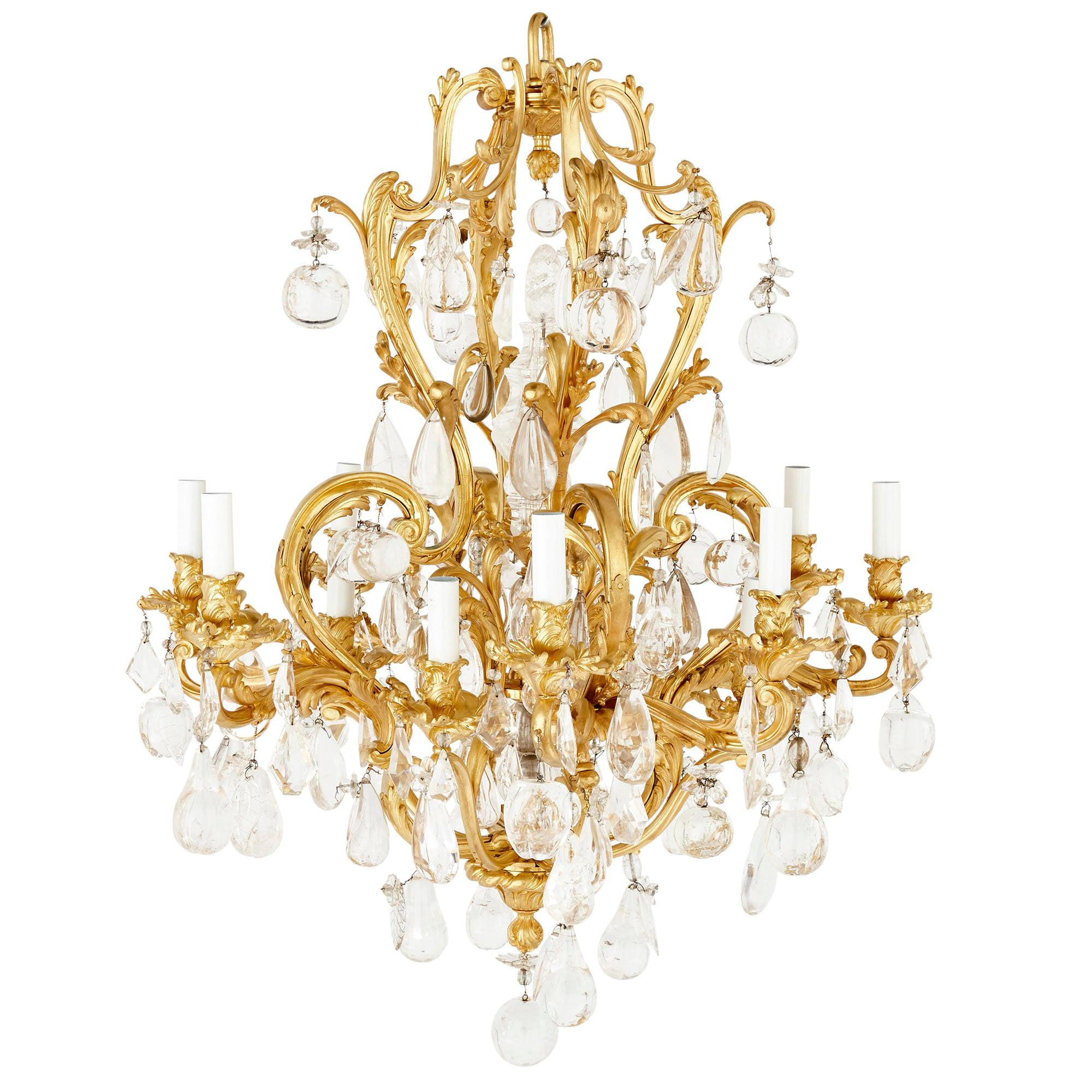 Antique Rococo Style Ormolu and Cut Glass Twelve-Light Chandelier For Sale