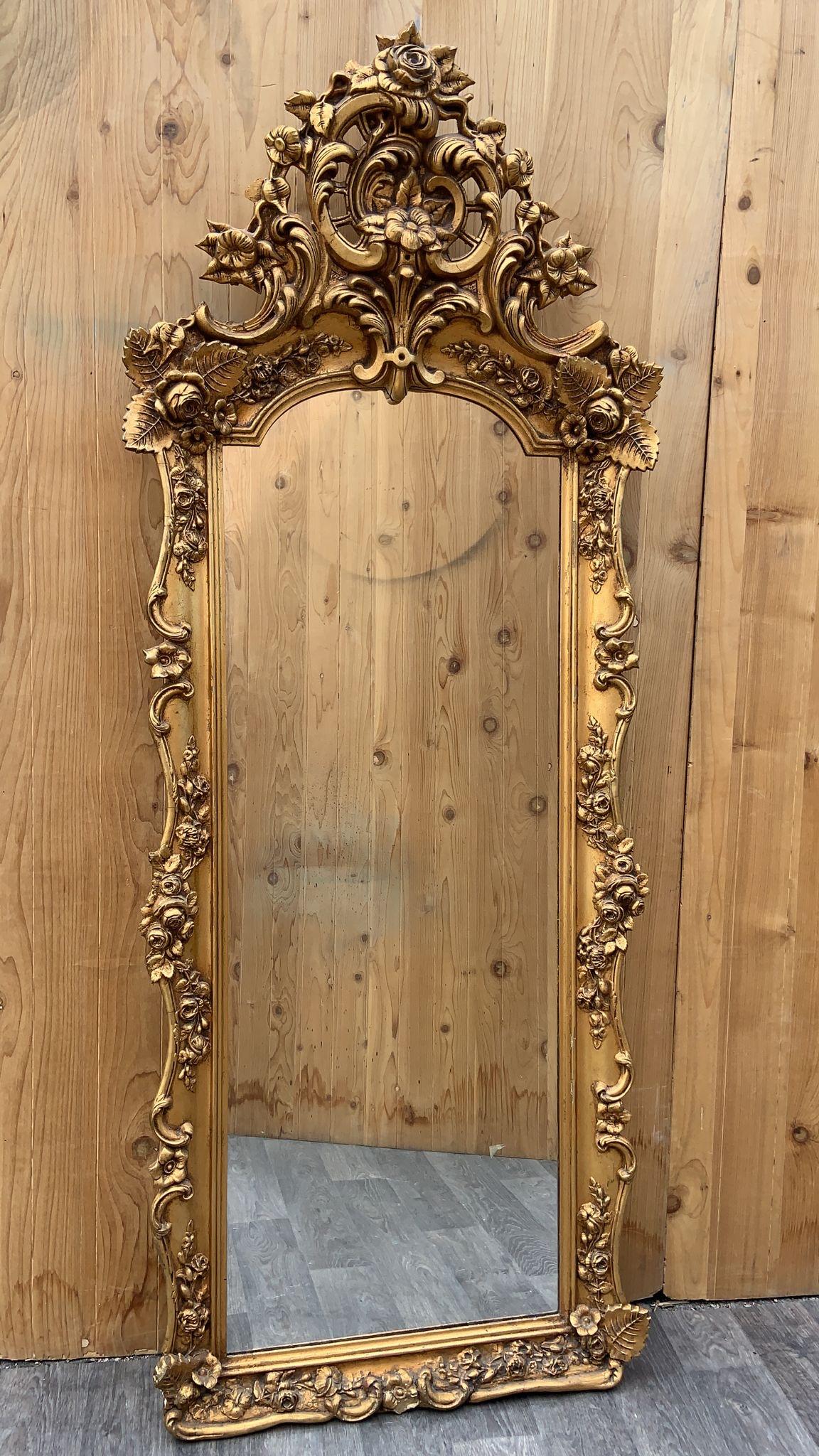 20th Century Antique Rococo Style Ornate Carved Floor Wall Mirror  For Sale