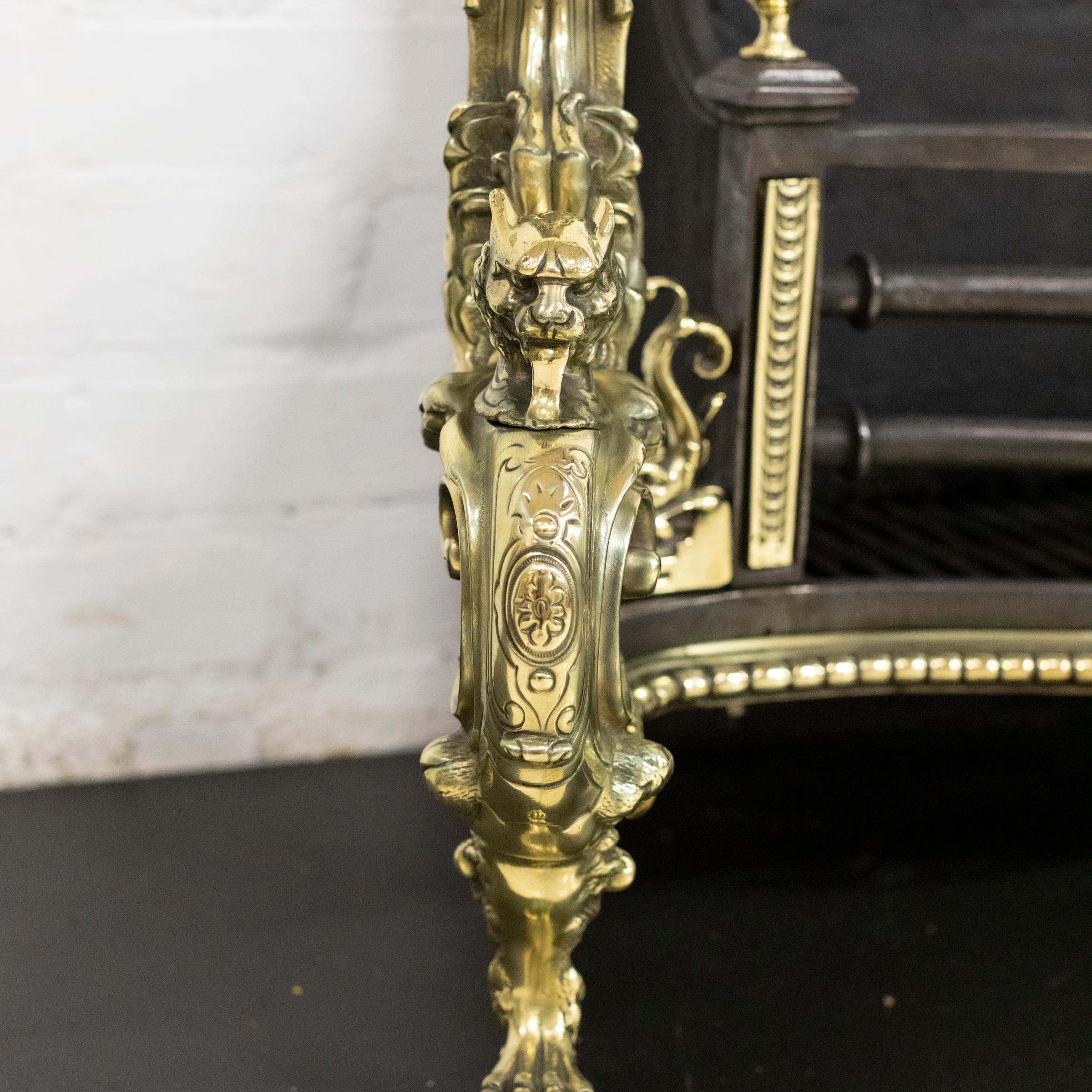 Antique Rococo Style Polished Steel and Brass Fire Basket with Griffins For Sale 10
