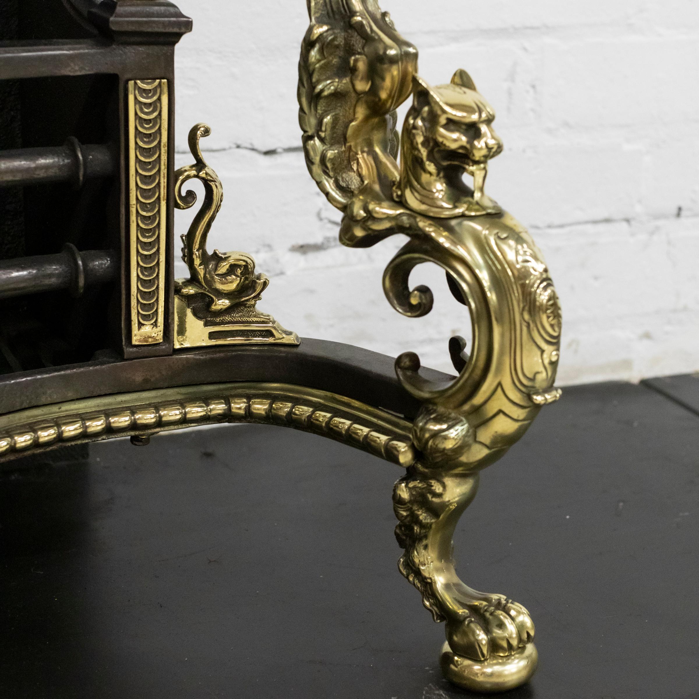 Antique Rococo Style Polished Steel and Brass Fire Basket with Griffins For Sale 12