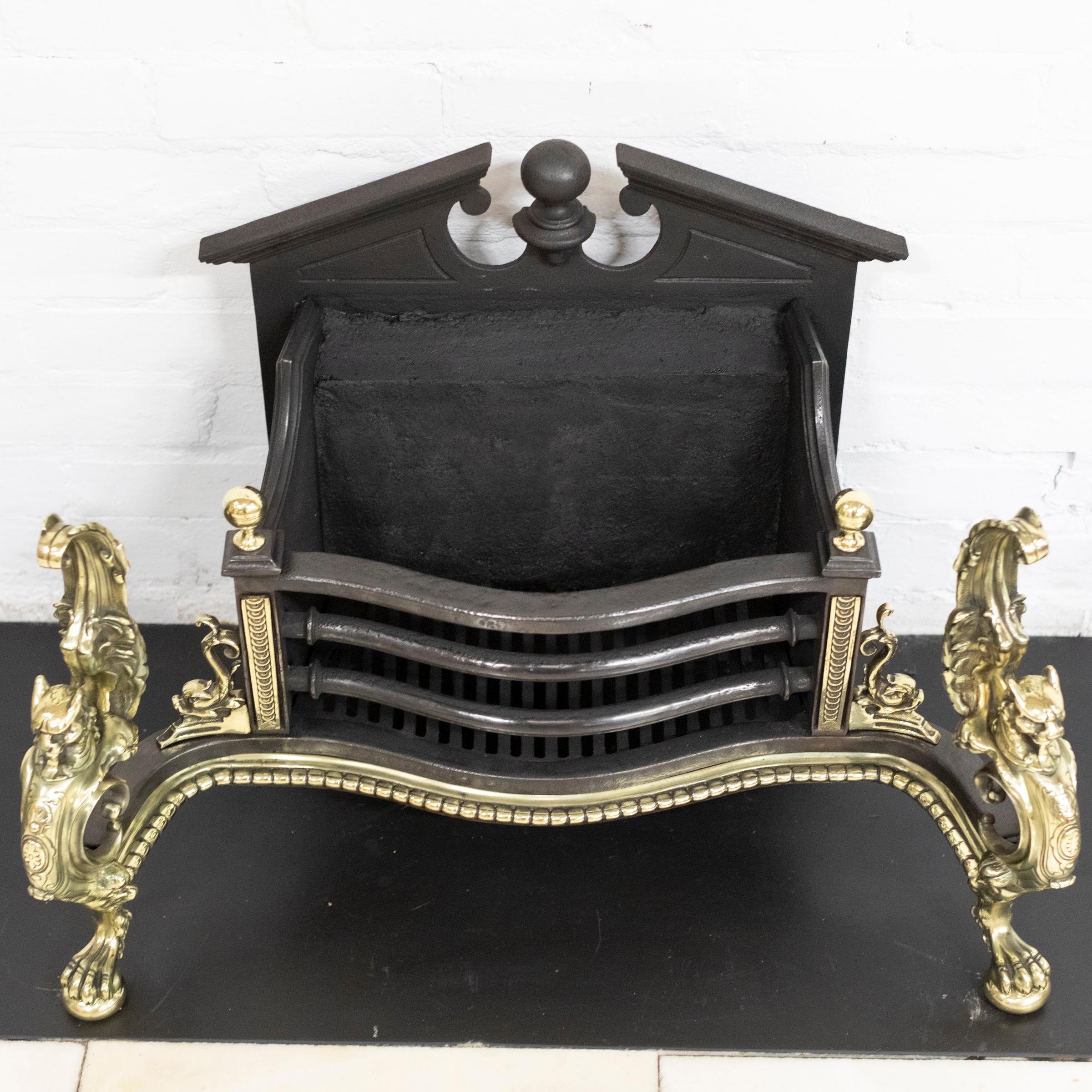 Antique Rococo Style Polished Steel and Brass Fire Basket with Griffins For Sale 16