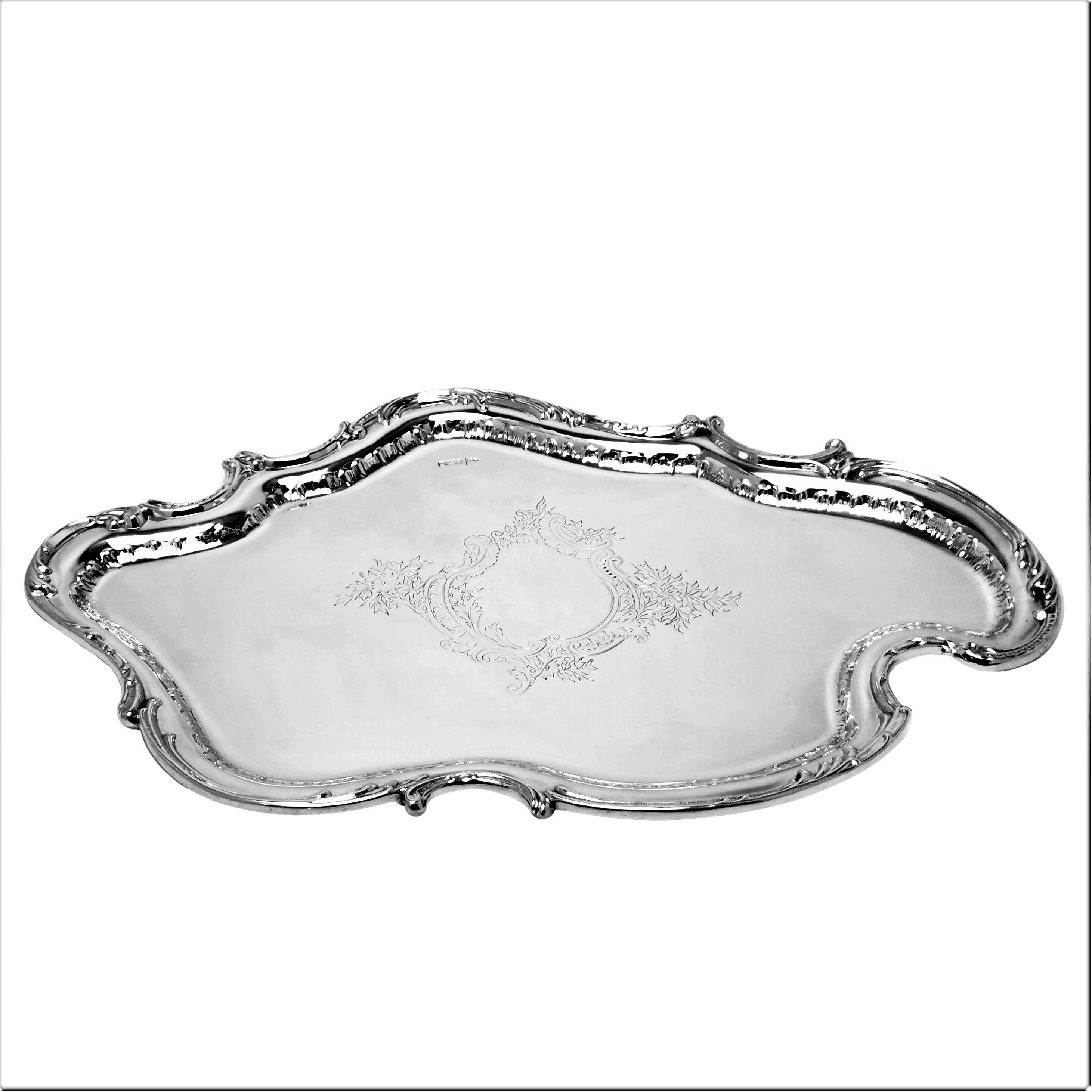 English Antique Rococo Style Sterling Silver Salver Platter Tray 1902 For Sale