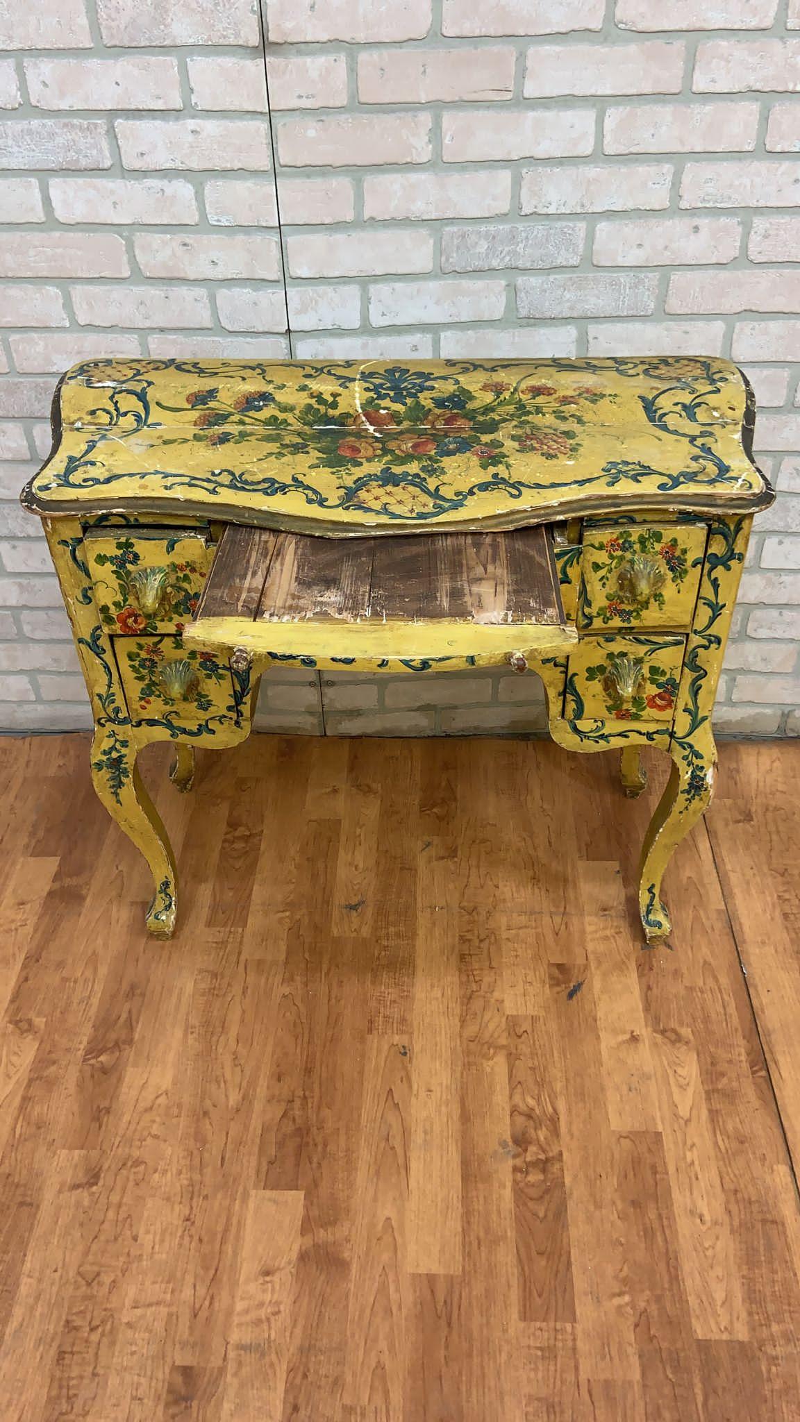 Antique Rococo Style Venetian Hand Painted Vanity Desk & Side Tables, Set of 3 For Sale 6