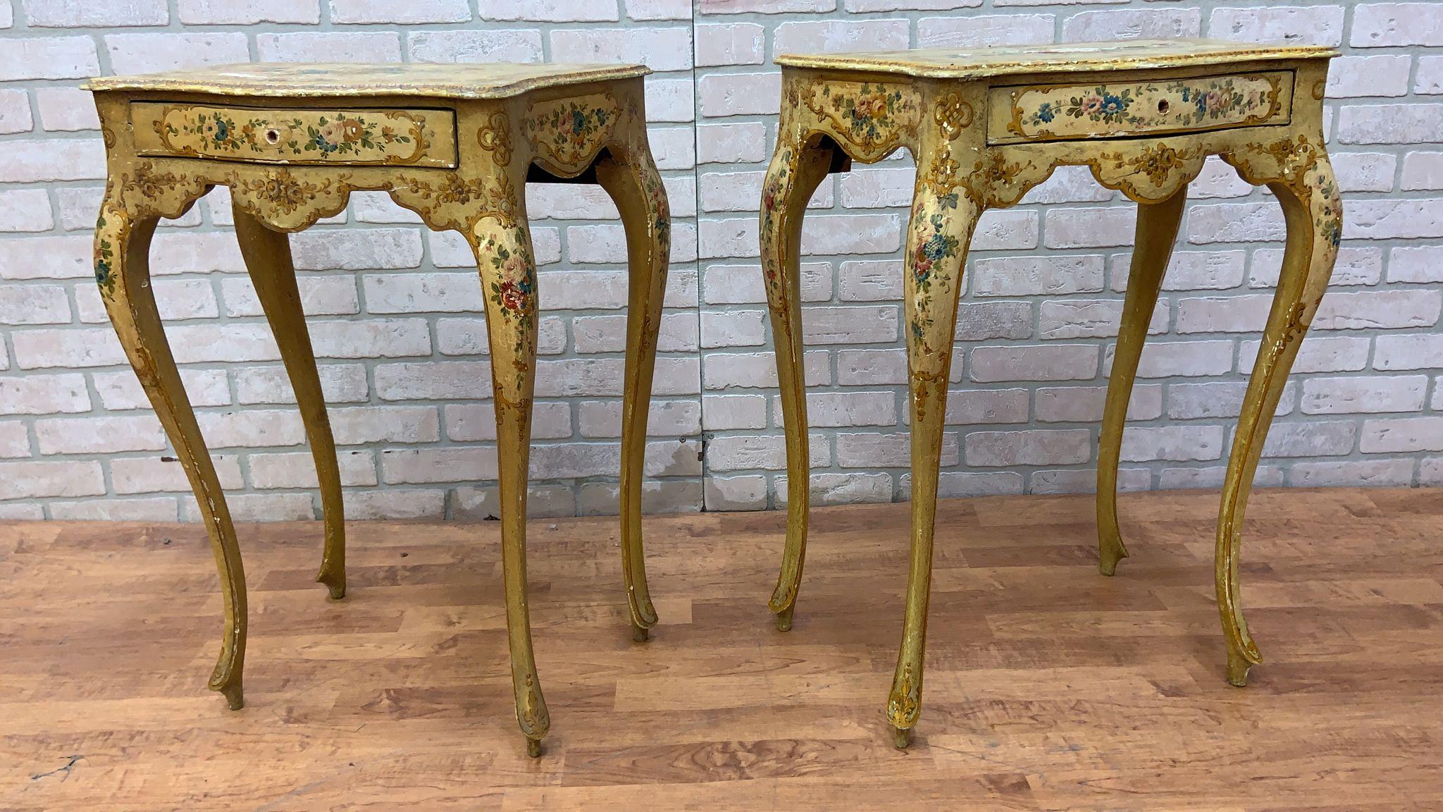 Antique Rococo Style Venetian Hand Painted Vanity Desk & Side Tables, Set of 3 For Sale 10