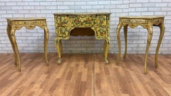 Antique Rococo Style Venetian Hand Painted Vanity Desk & Side Tables, Set of 3