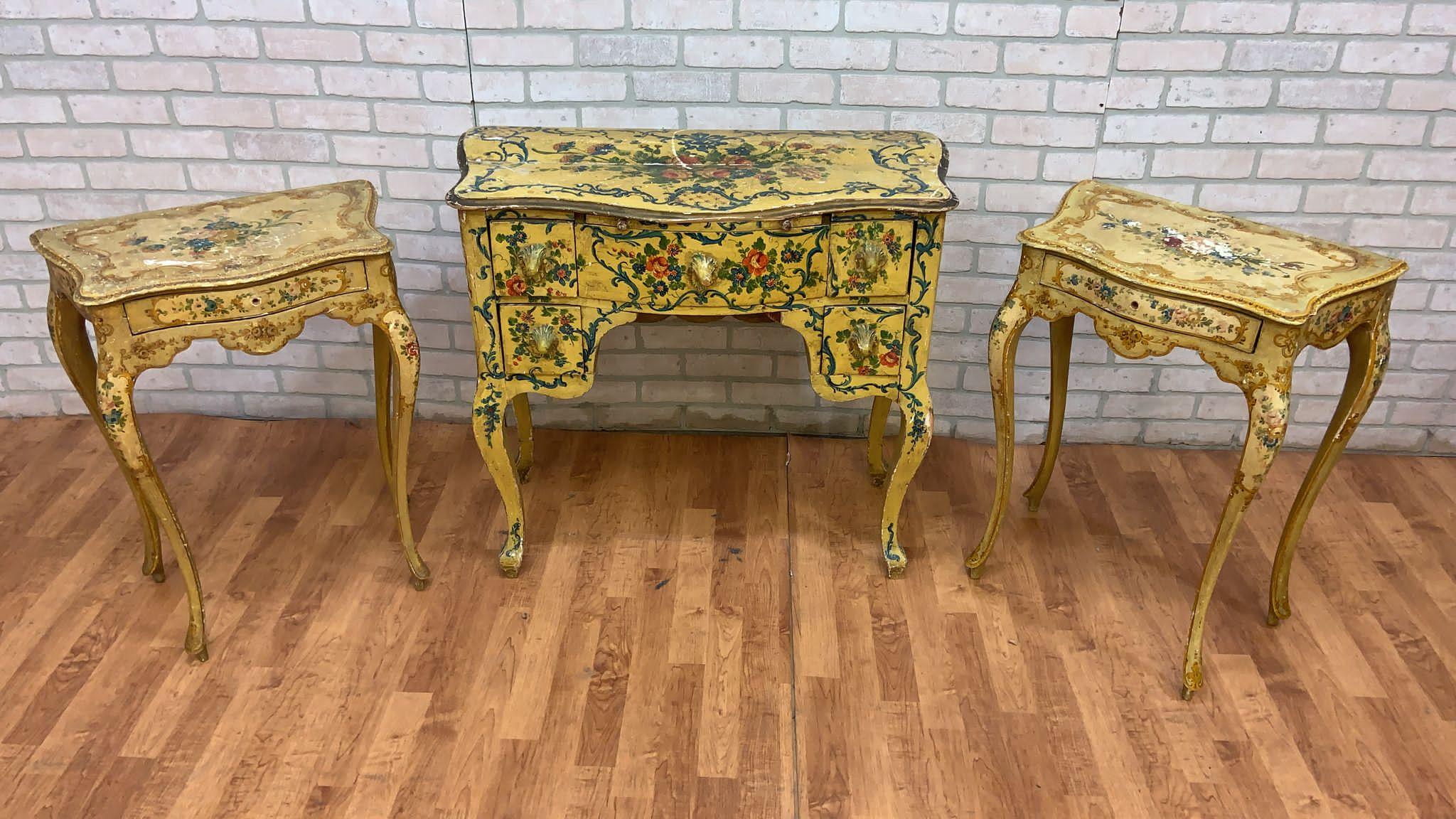 Italian Antique Rococo Style Venetian Hand Painted Vanity Desk & Side Tables, Set of 3 For Sale
