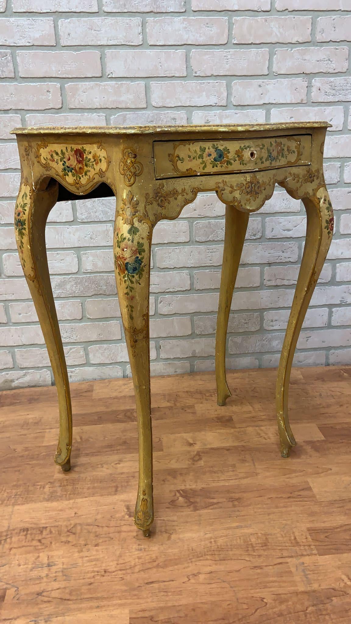 Antique Rococo Style Venetian Hand Painted Vanity Desk & Side Tables, Set of 3 In Good Condition For Sale In Chicago, IL