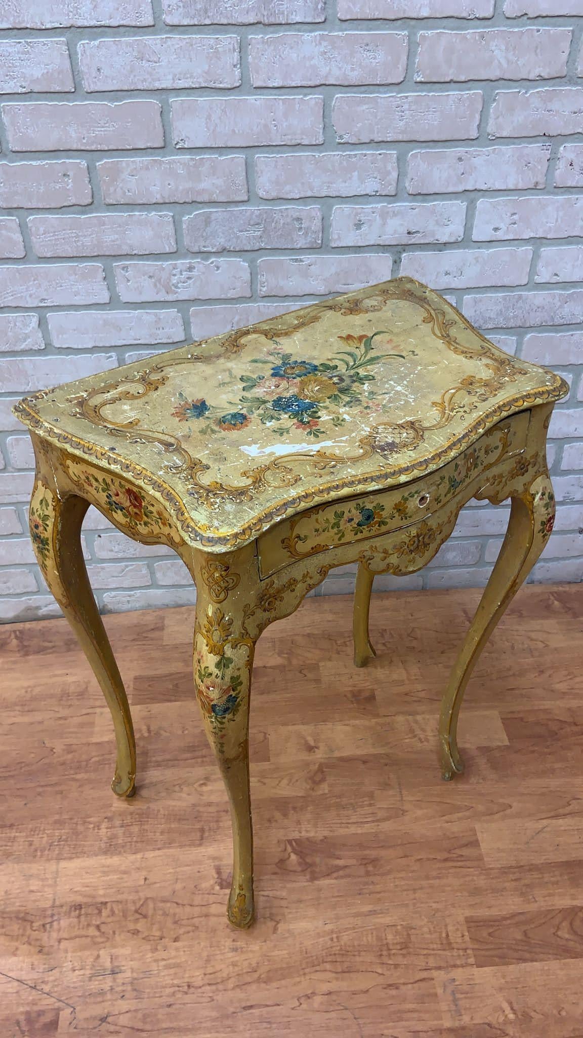 19th Century Antique Rococo Style Venetian Hand Painted Vanity Desk & Side Tables, Set of 3 For Sale