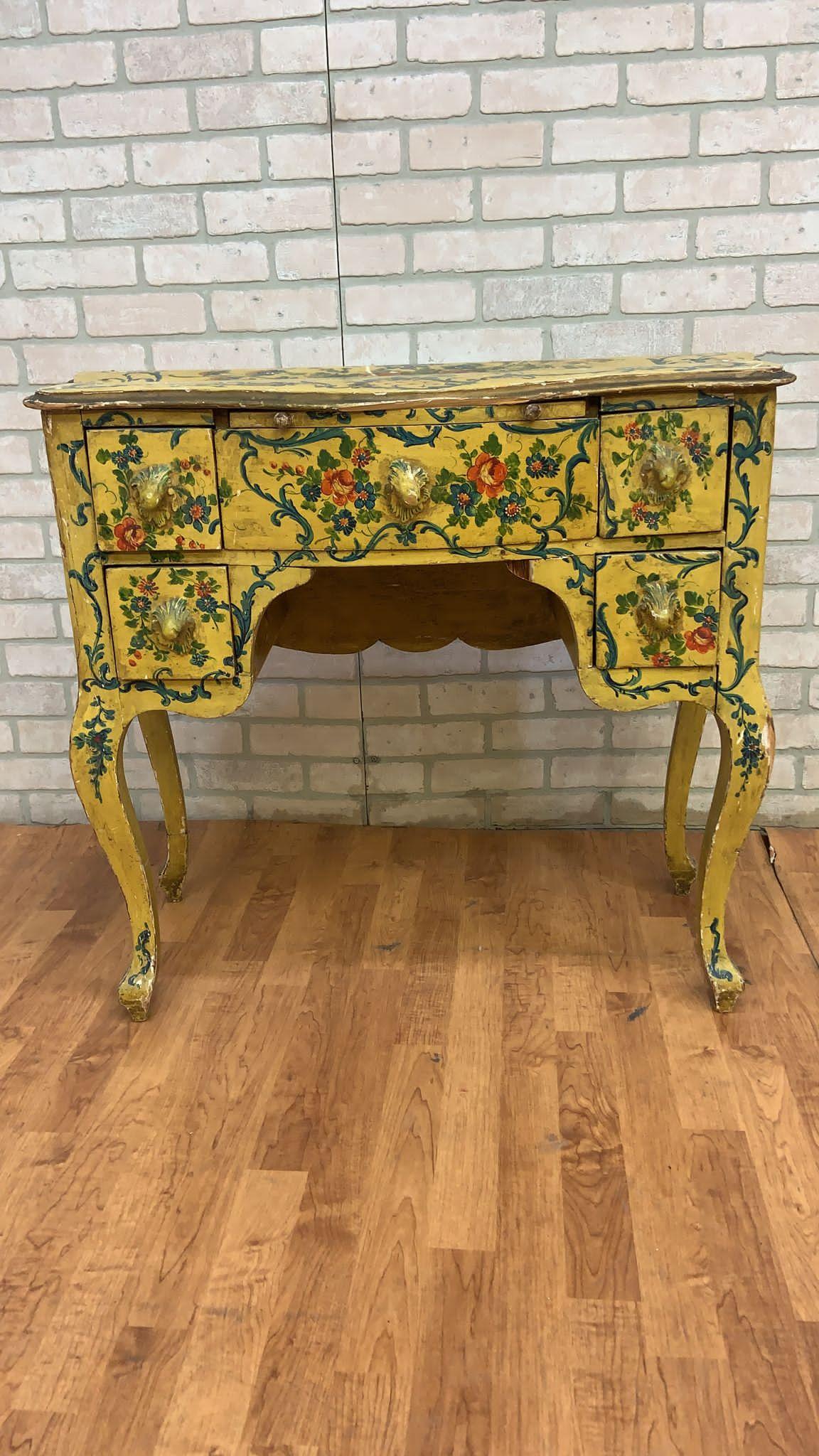 Wood Antique Rococo Style Venetian Hand Painted Vanity Desk & Side Tables, Set of 3 For Sale