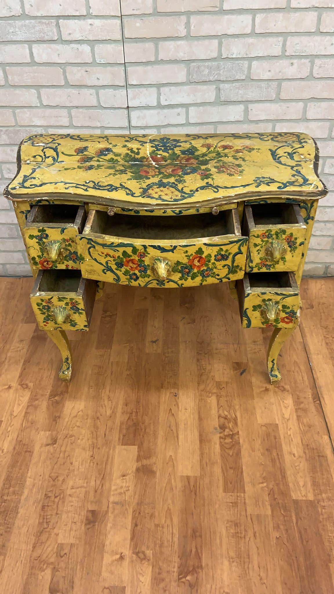Antique Rococo Style Venetian Hand Painted Vanity Desk & Side Tables, Set of 3 For Sale 1