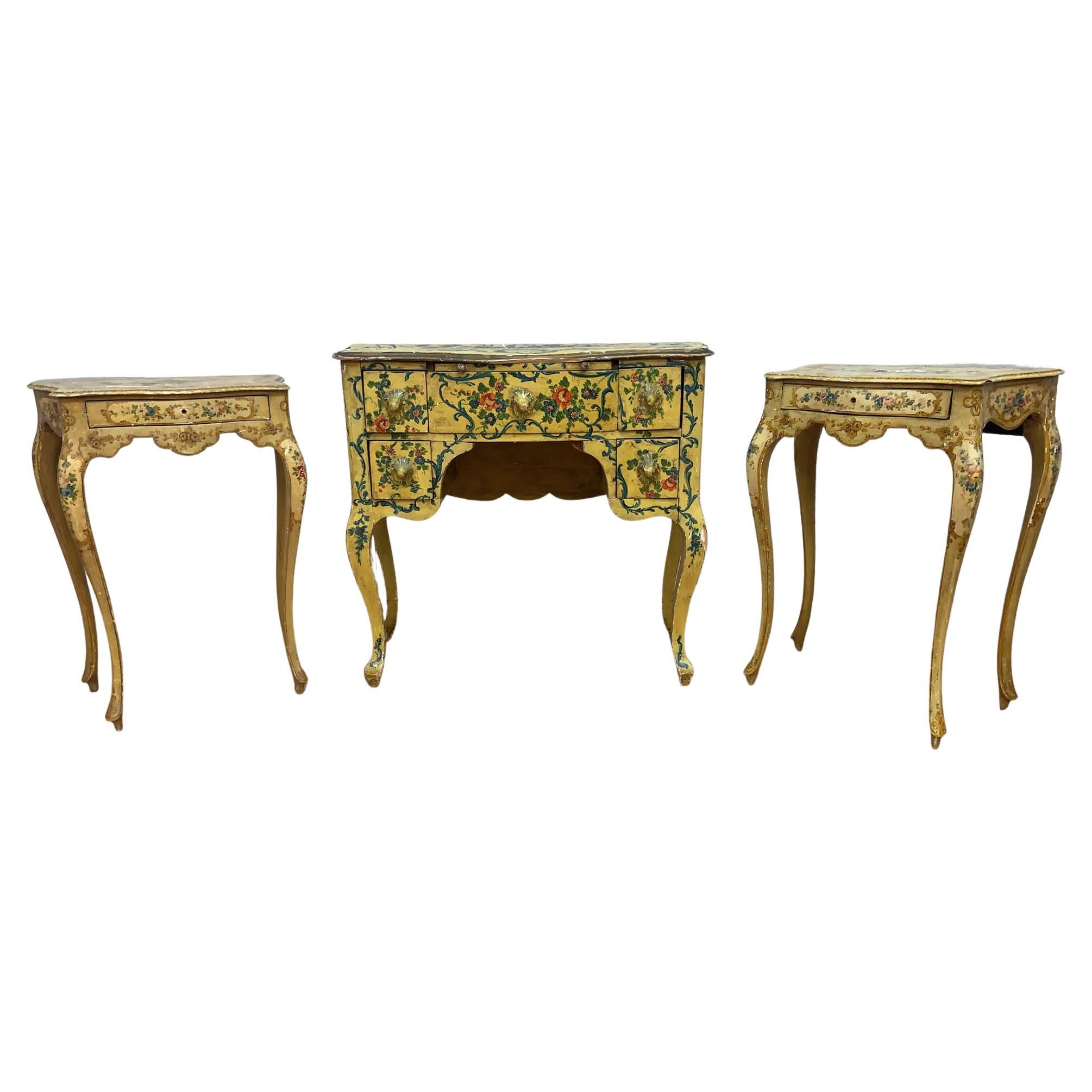 Antique Rococo Style Venetian Hand Painted Vanity Desk & Side Tables, Set of 3 For Sale