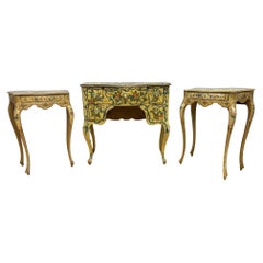 Vintage Rococo Style Venetian Hand Painted Vanity Desk & Side Tables, Set of 3