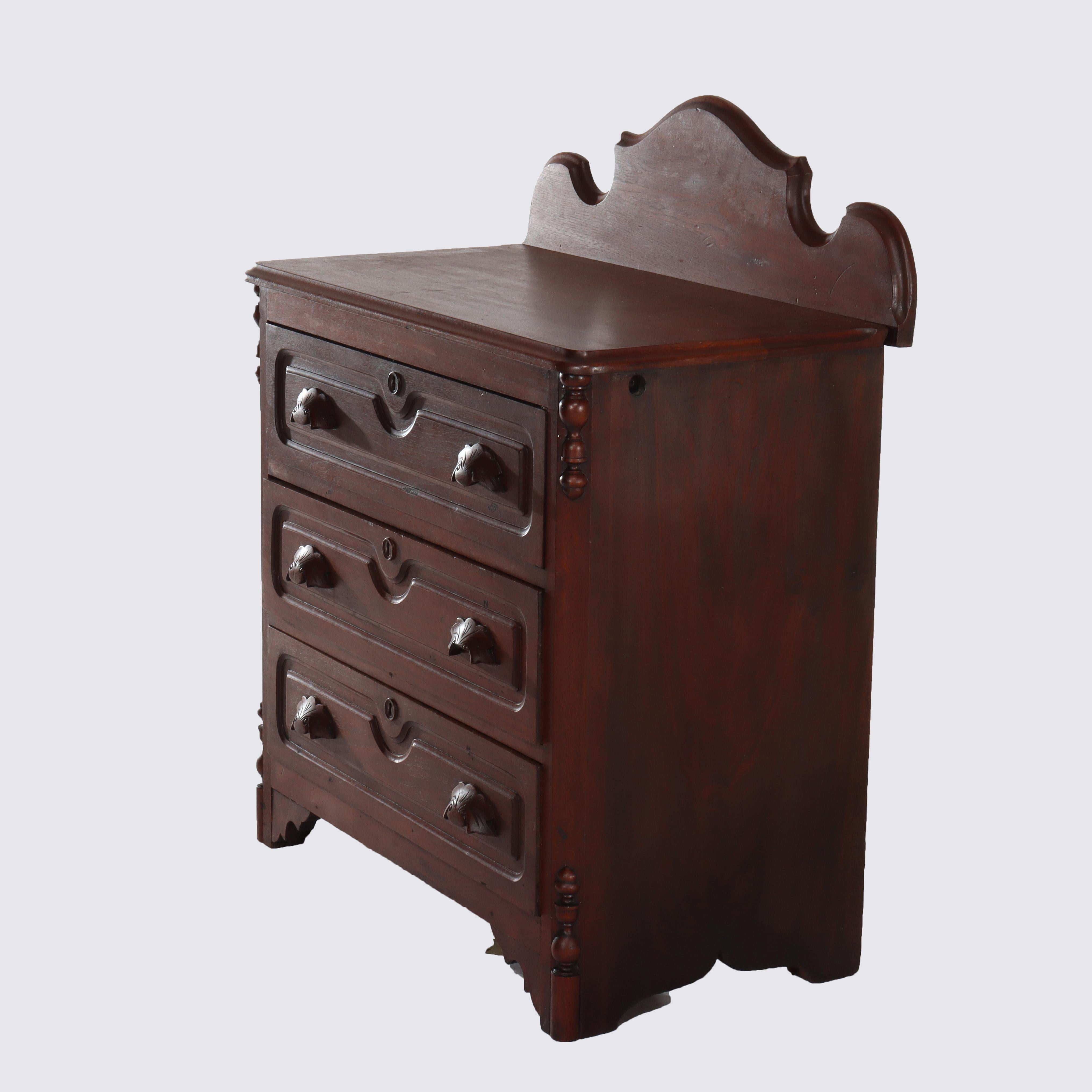 XIX secolo Antique Rococo Walnut 3-Drawer Commode With Back Splash & Carved Pulls c1890 in vendita