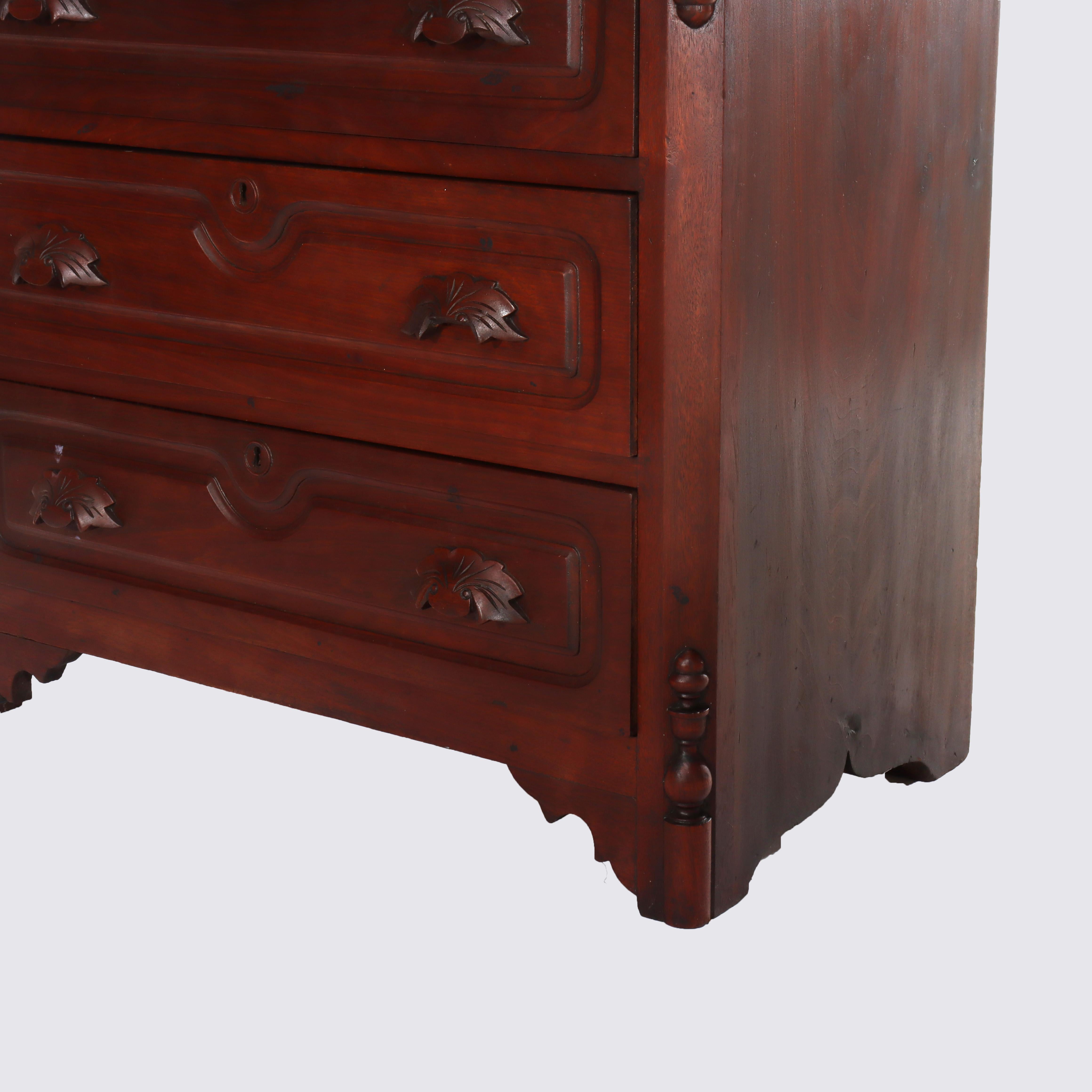 Noce Antique Rococo Walnut 3-Drawer Commode With Back Splash & Carved Pulls c1890 in vendita