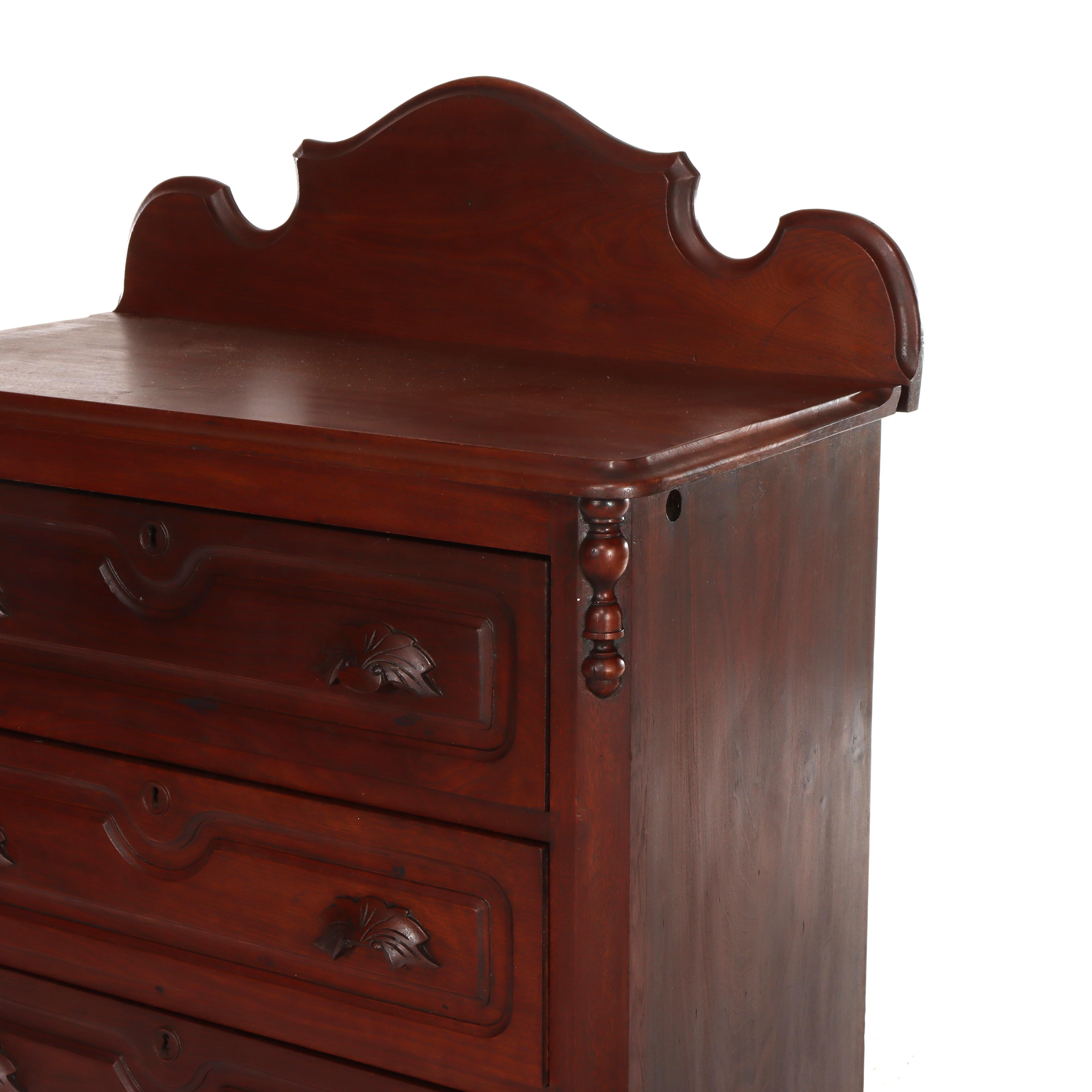 Antique Rococo Walnut 3-Drawer Commode With Back Splash & Carved Pulls c1890 in vendita 1