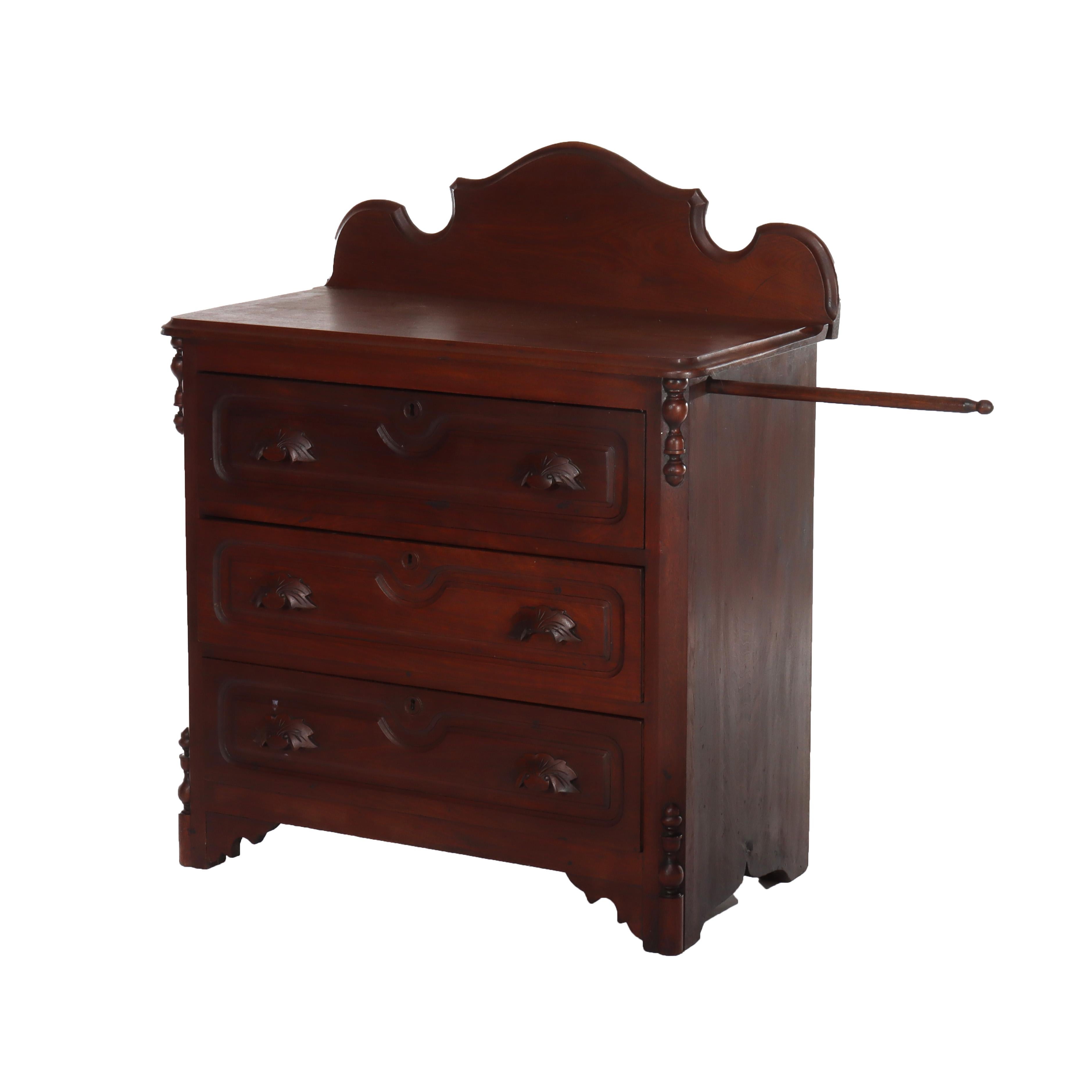 Antique Rococo Walnut 3-Drawer Commode With Back Splash & Carved Pulls c1890 in vendita 2