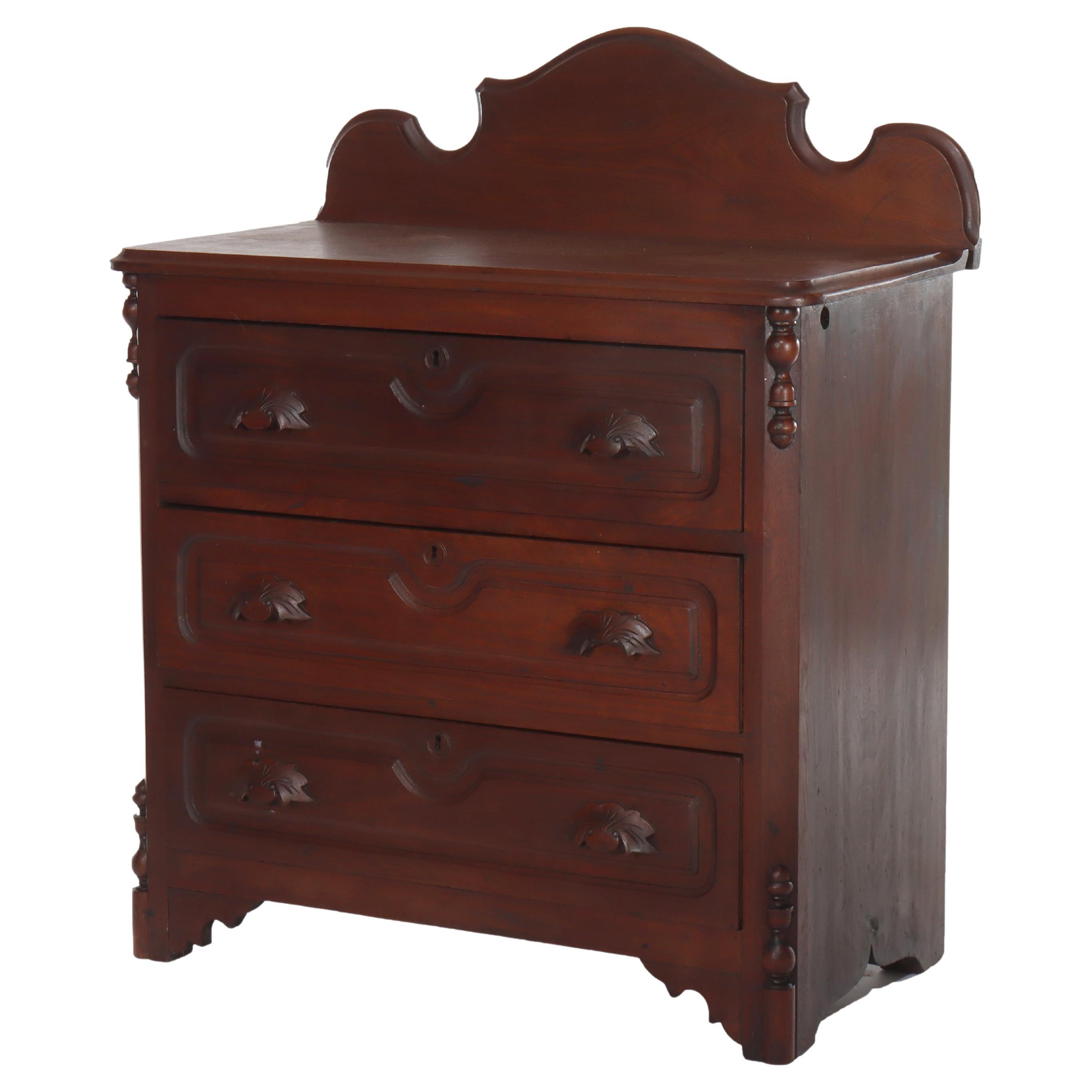 Antique Rococo Walnut 3-Drawer Commode With Back Splash & Carved Pulls c1890