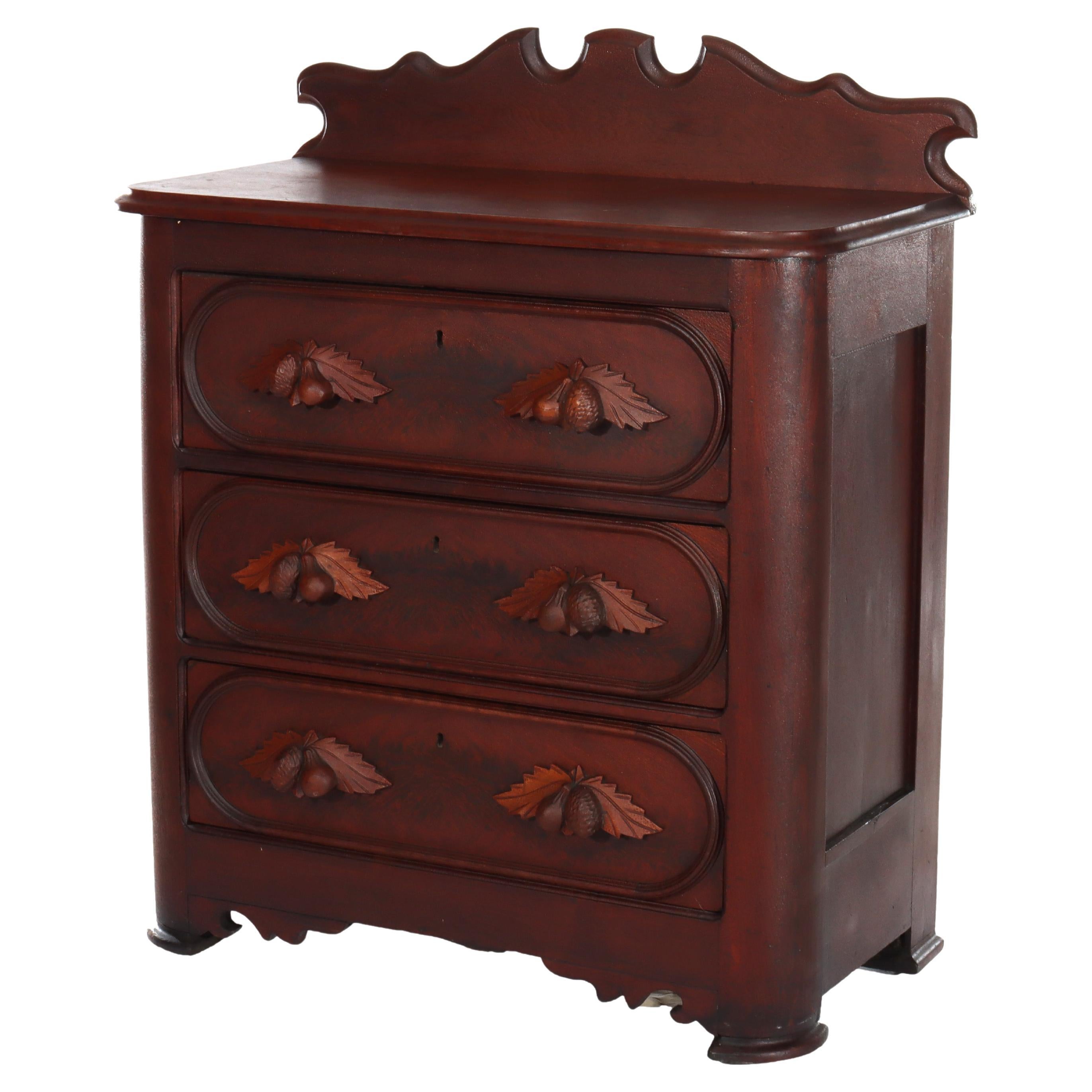 Antique Rococo Walnut 3-Drawer Commode With Back Splash & Carved Pulls