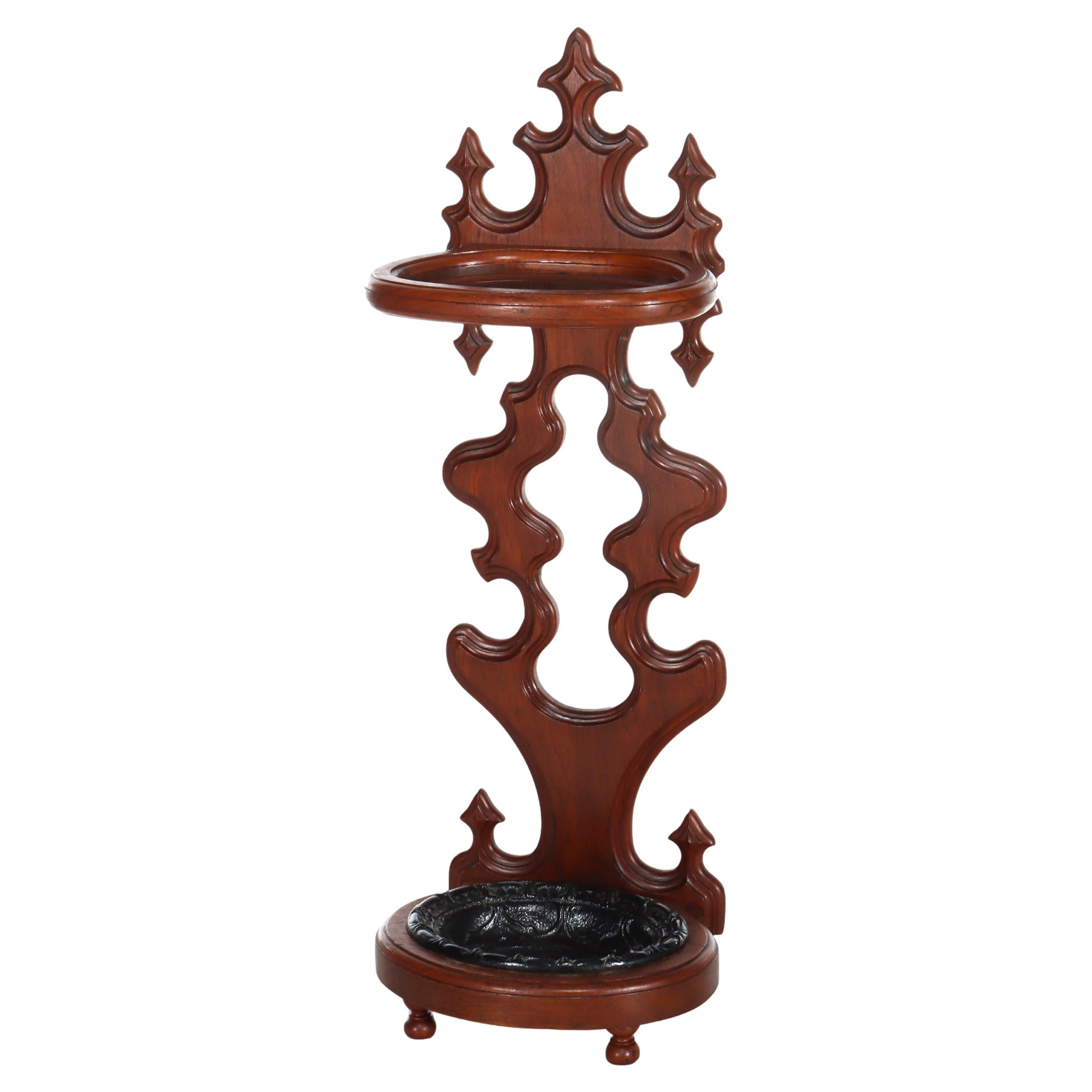 Antique Rococo Walnut Umbrella Stand With Cast Iron Tray c1890