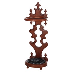 Antique Rococo Walnut Umbrella Stand With Cast Iron Tray c1890