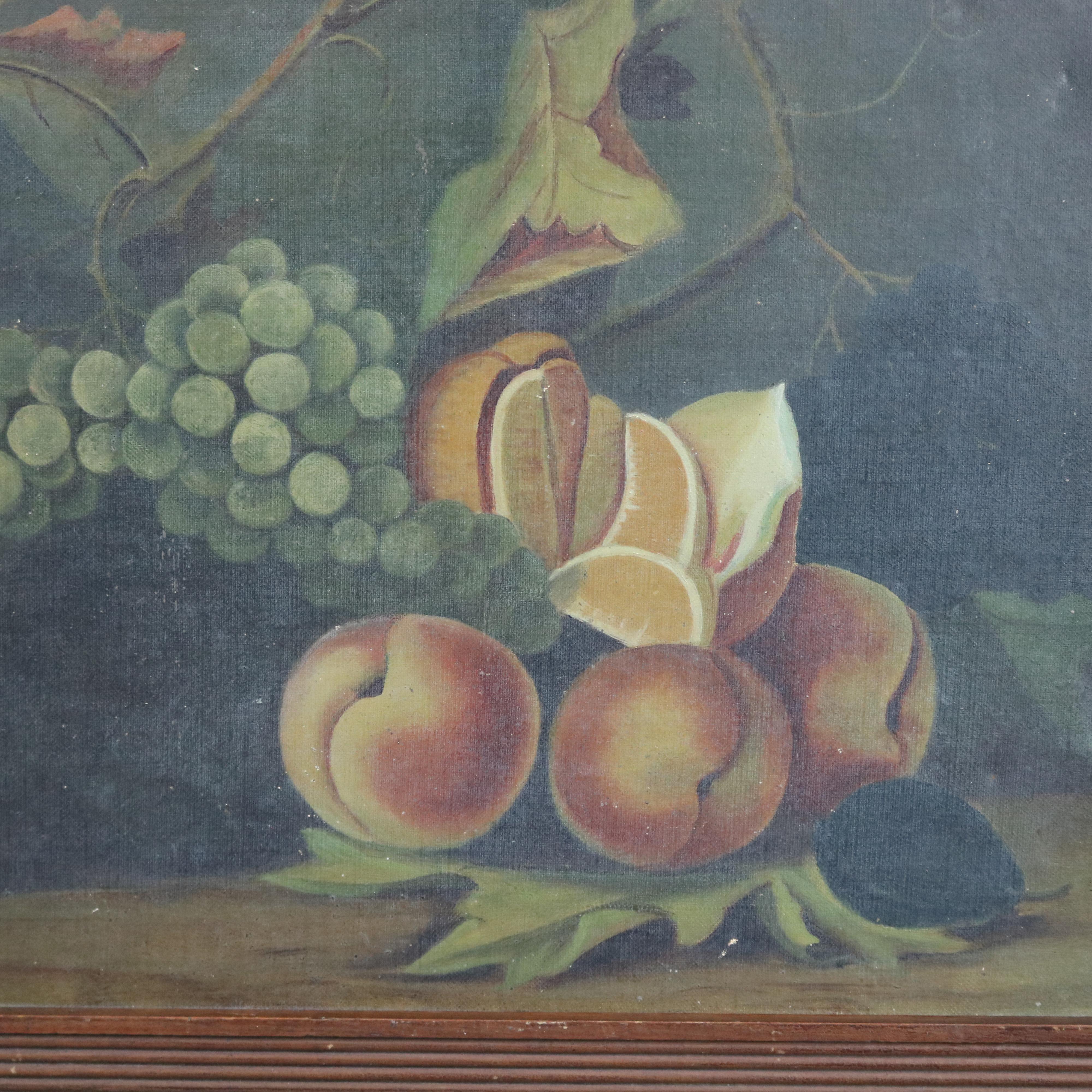 An antique still life oil on canvas painting in the manner of Severin Roesen depicts fruit on table top, seated in wood frame, 19th century.

Measures: 17