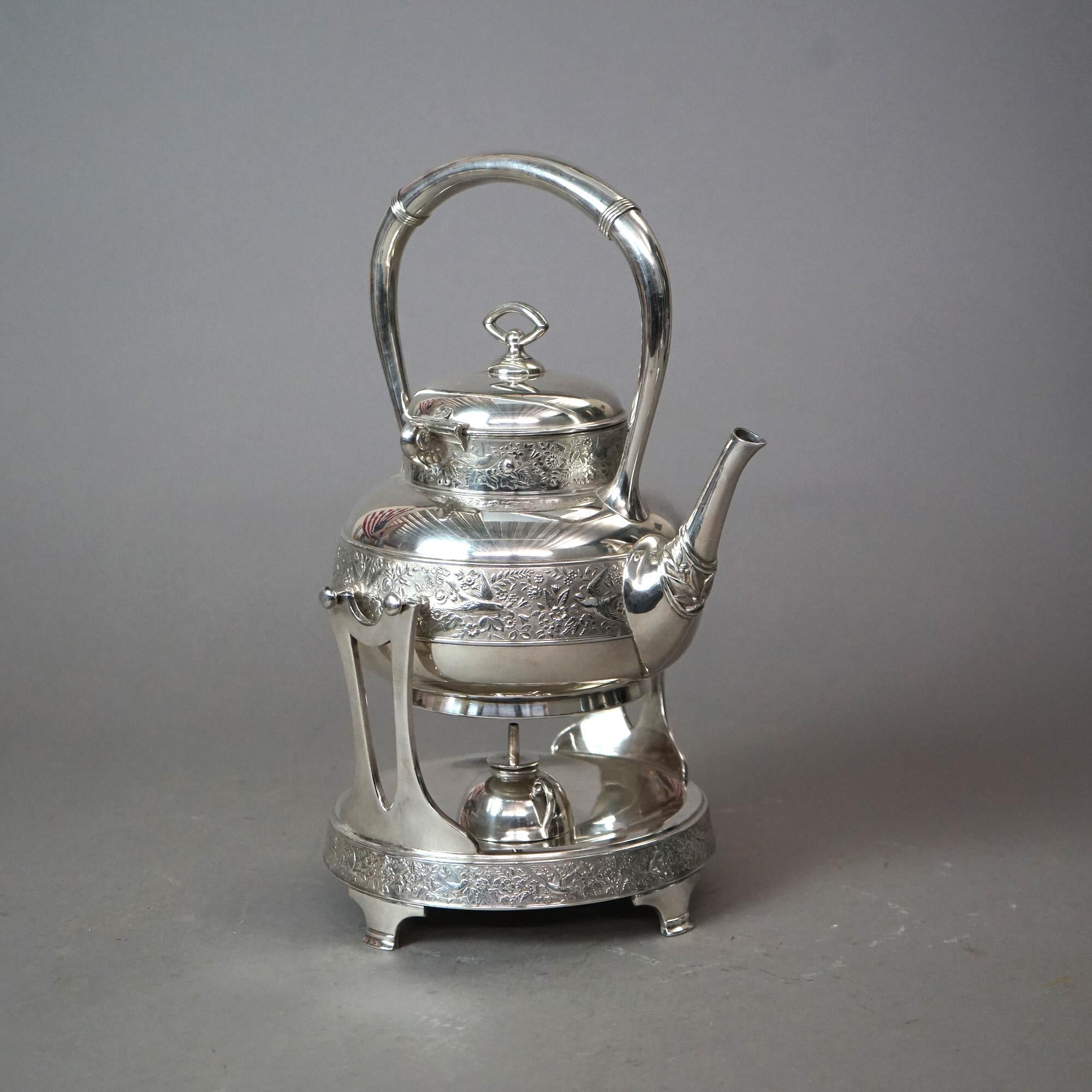 Aesthetic Movement Antique Rogers Aesthetic Silver Plated Tilting Teapot & Stand with Birds C1870 For Sale