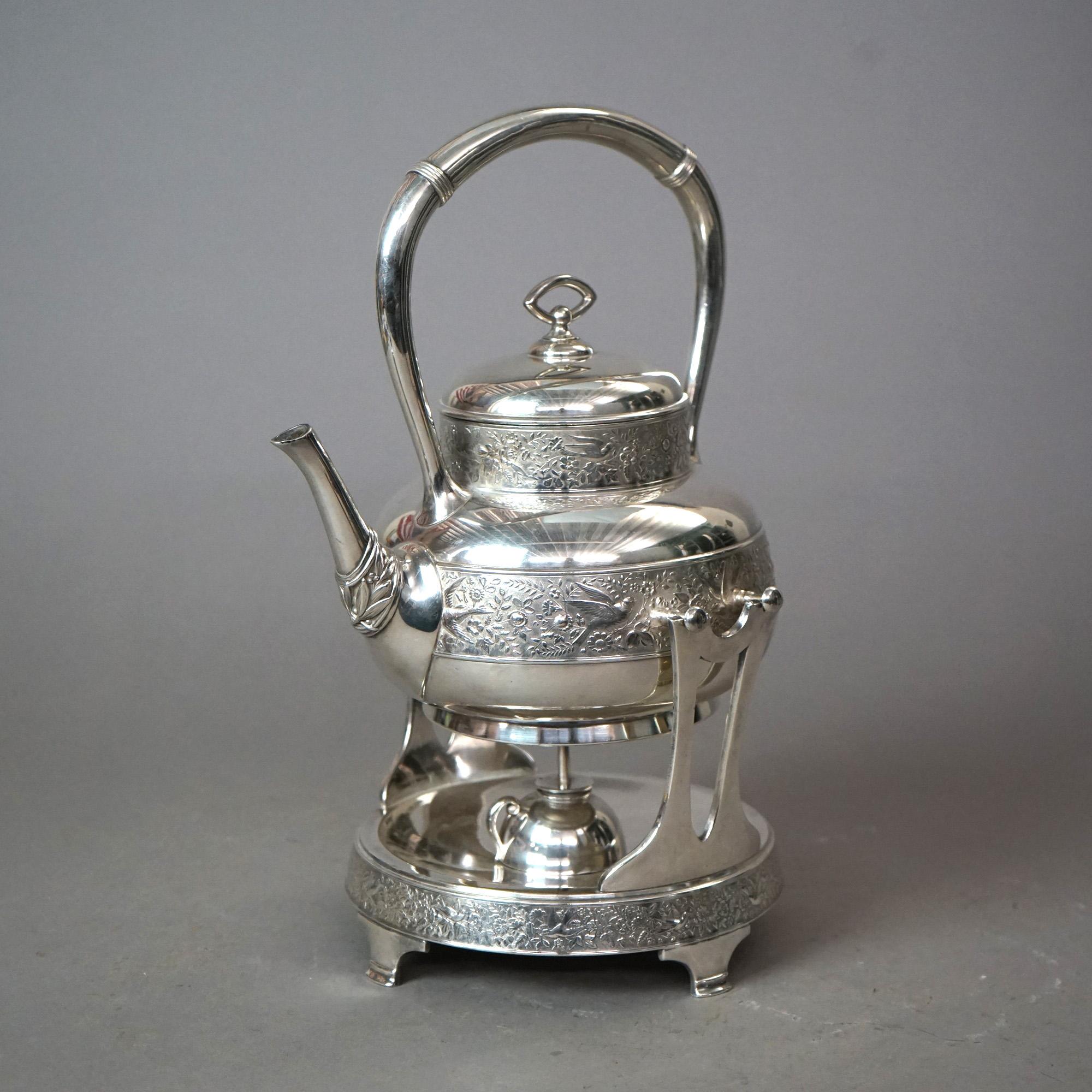 American Antique Rogers Aesthetic Silver Plated Tilting Teapot & Stand with Birds C1870 For Sale