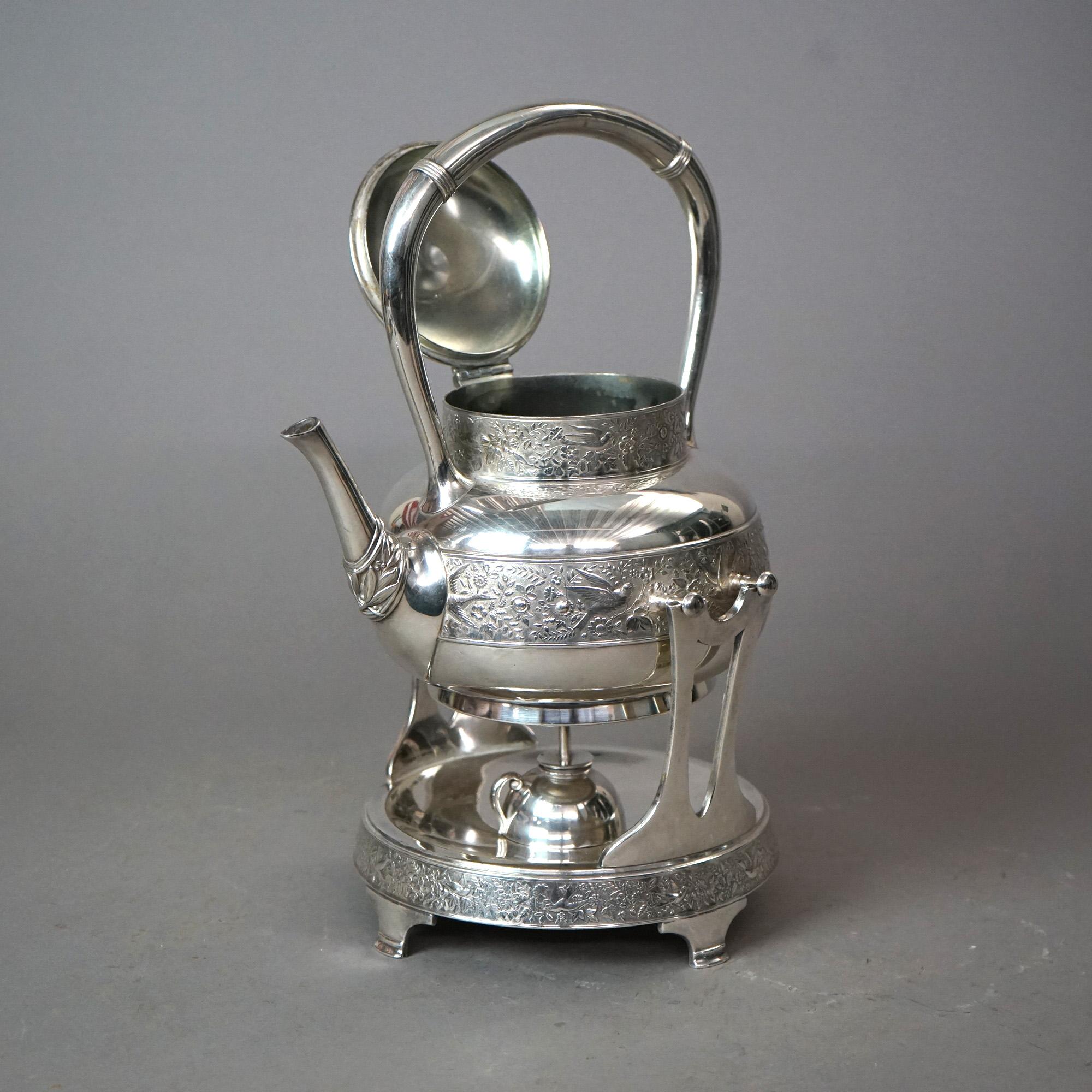 Antique Rogers Aesthetic Silver Plated Tilting Teapot & Stand with Birds C1870 In Good Condition In Big Flats, NY
