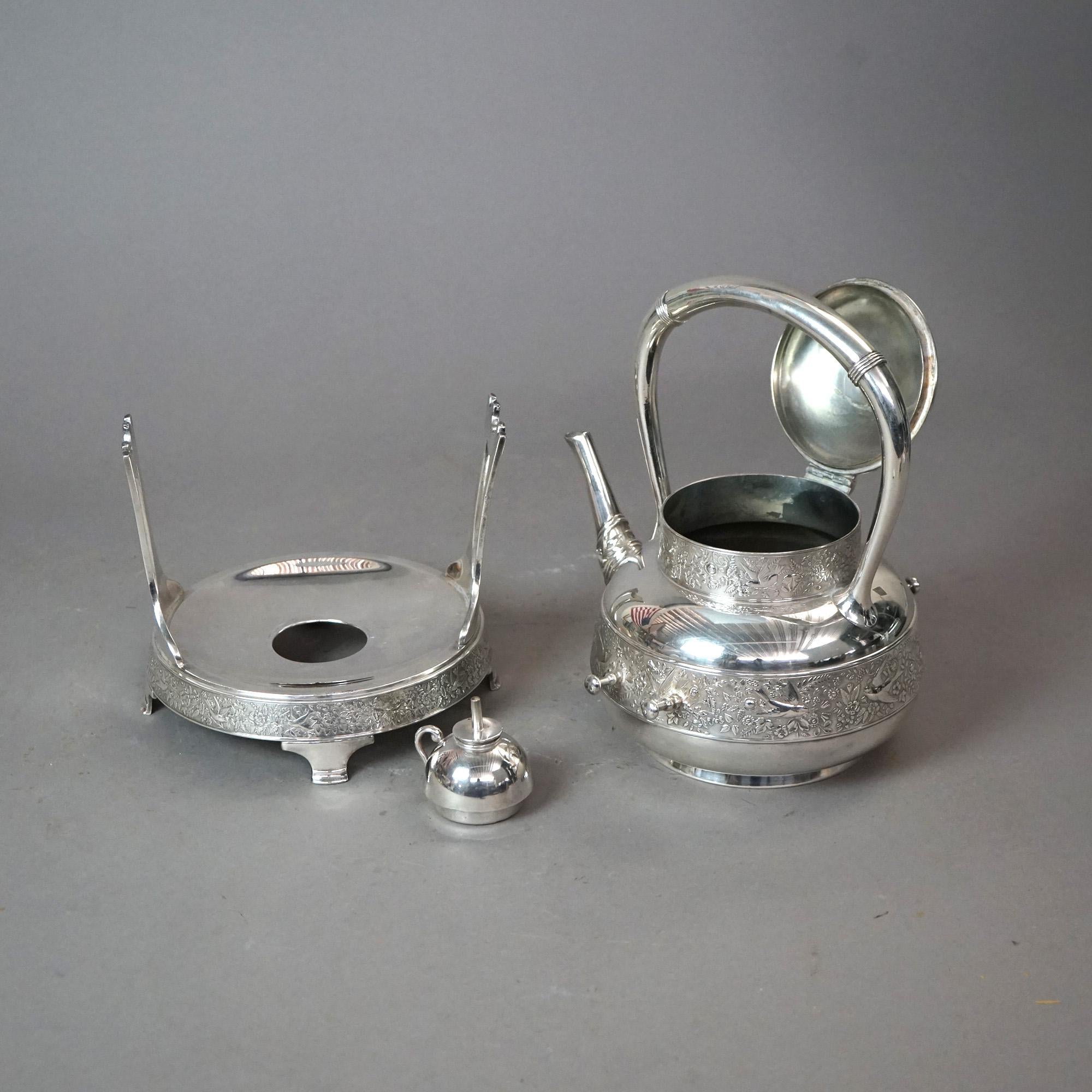 Antique Rogers Aesthetic Silver Plated Tilting Teapot & Stand with Birds C1870 For Sale 2