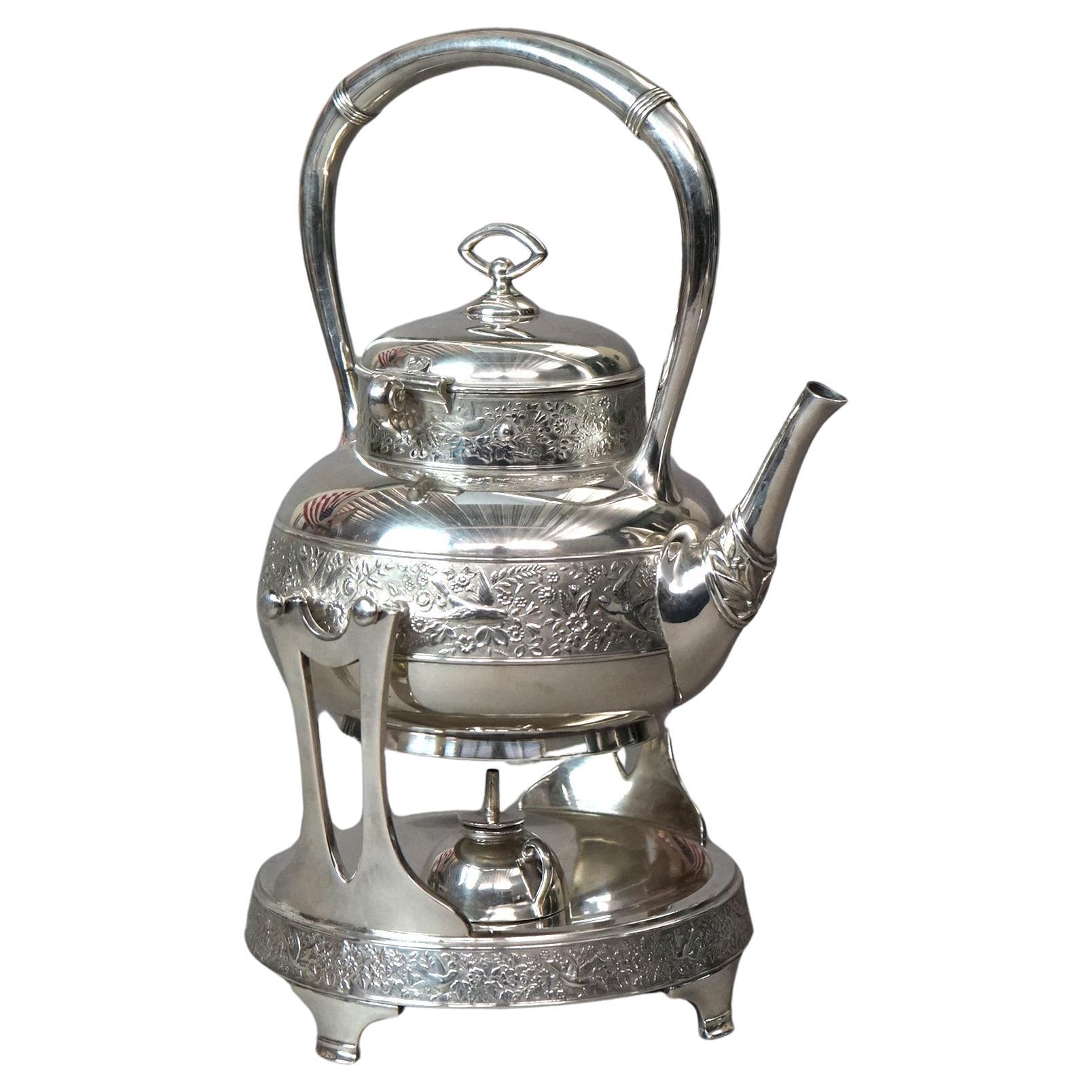 Antique Rogers Aesthetic Silver Plated Tilting Teapot & Stand with Birds C1870 For Sale