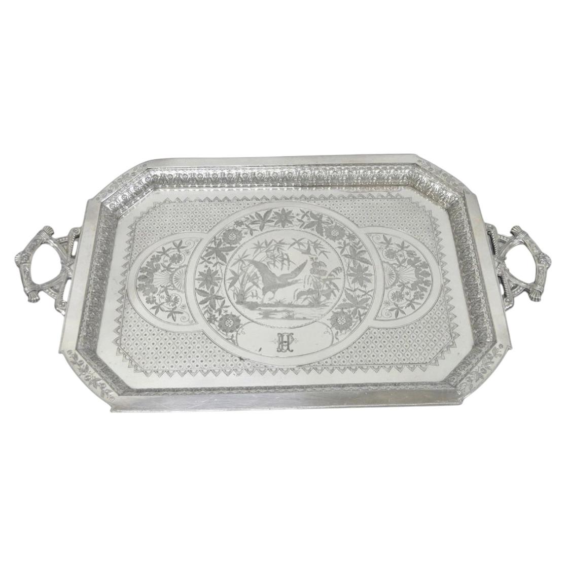 Antique Rogers Smith & Co Art Nouveau Large Silver Plated Crane Bird Etched Tray