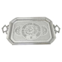 Antique Rogers Smith & Co Art Nouveau Large Silver Plated Crane Bird Etched Tray