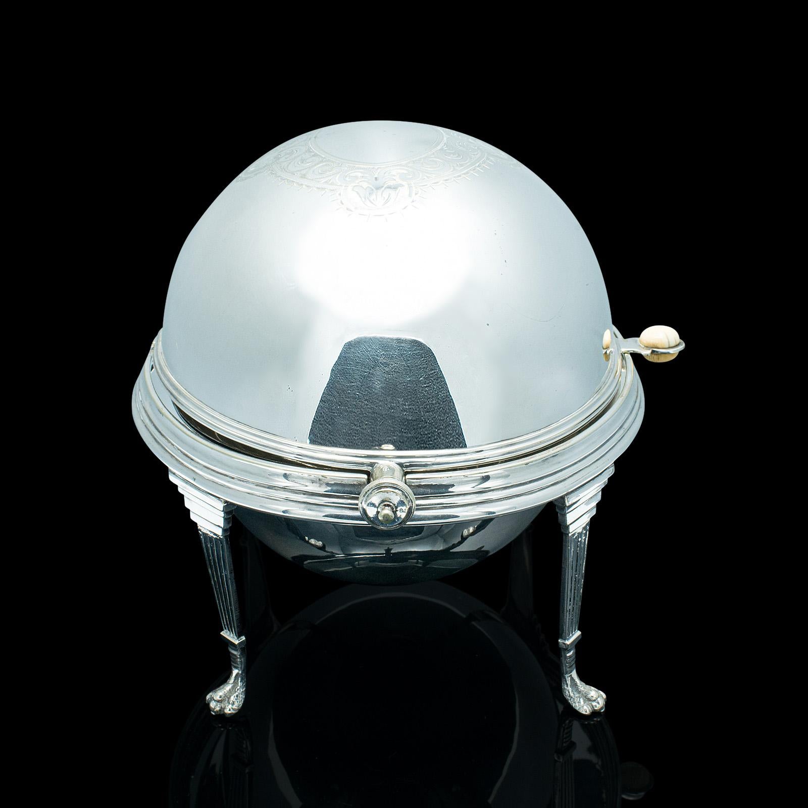 British Antique Roll-Over Serving Dish, English, Silver Plate, Dome Top Tureen, Server For Sale