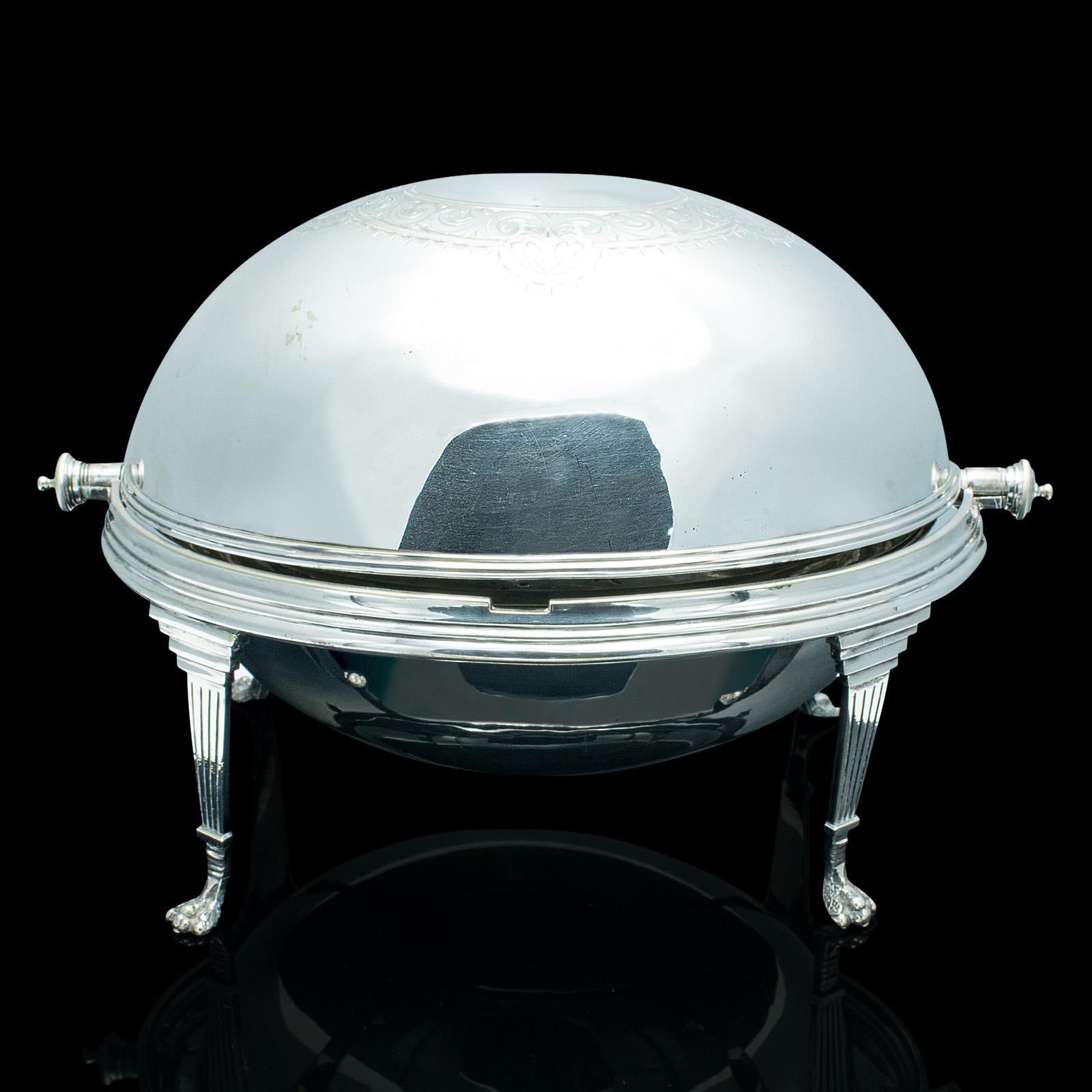 20th Century Antique Roll-Over Serving Dish, English, Silver Plate, Dome Top Tureen, Server For Sale
