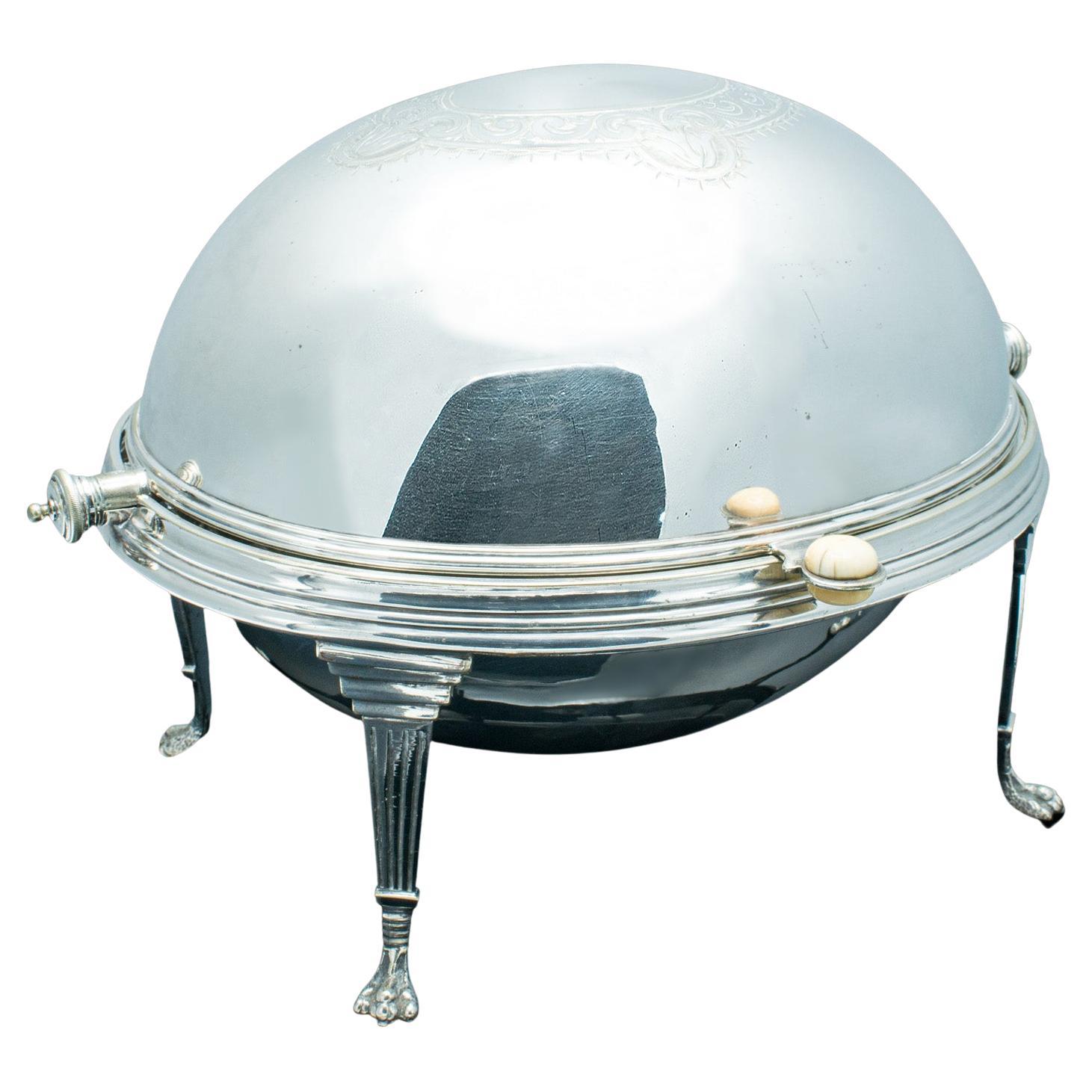 Antique Roll-Over Serving Dish, English, Silver Plate, Dome Top Tureen, Server For Sale