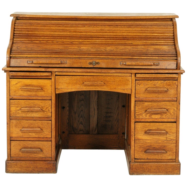 Antique Roll Top Desk, Antique Desk, Oak, Double Pedestal, Scotland