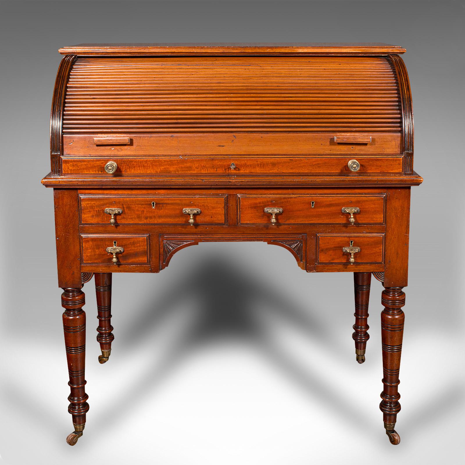 British Antique Roll-Top Desk, English, Bureau, Aesthetic Period, Victorian, Circa 1880 For Sale
