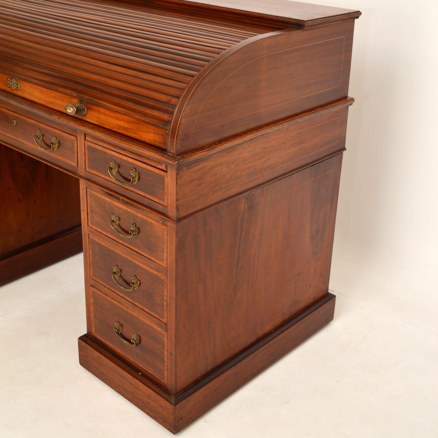 English Antique Roll Top Pedestal Desk by Waring & Gillows