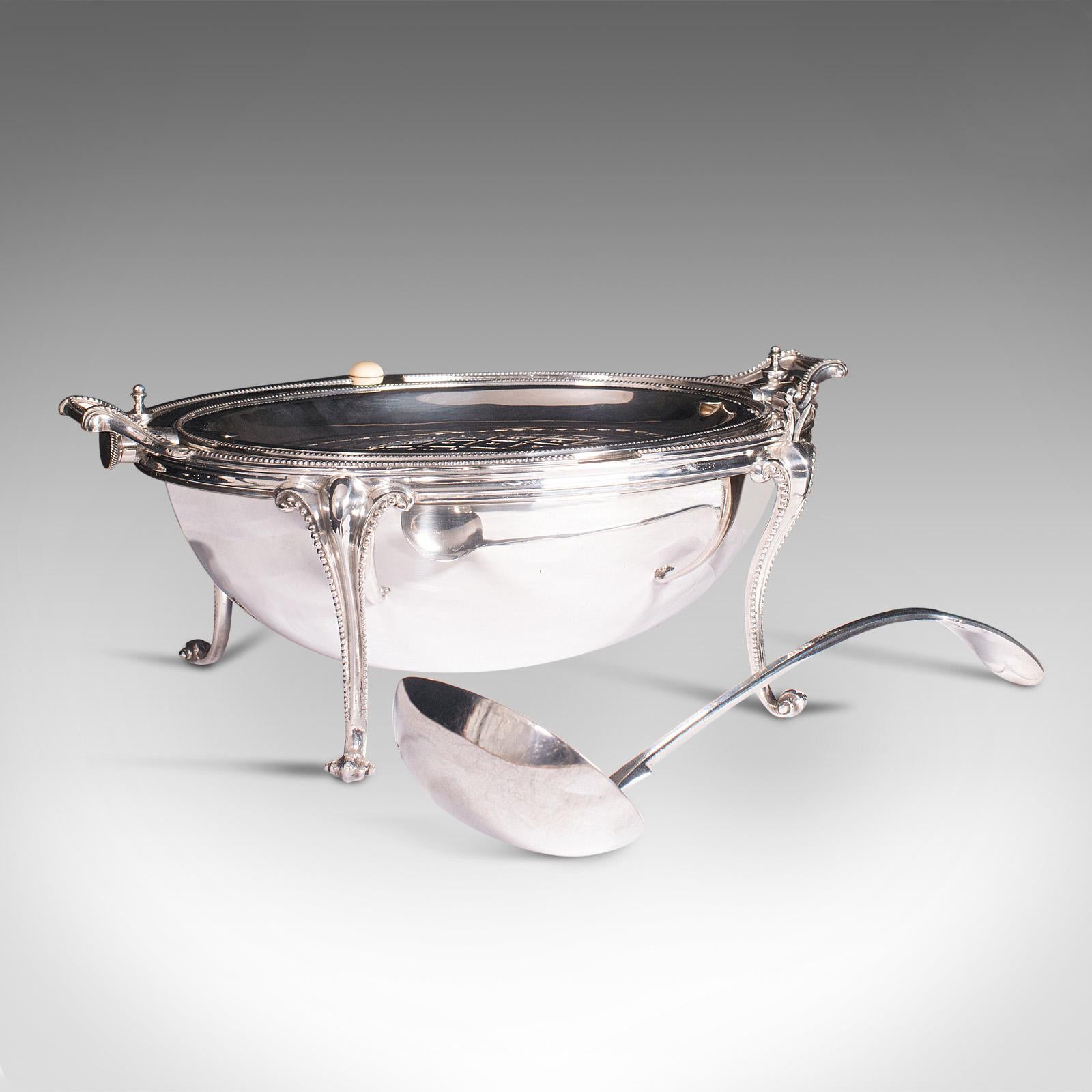 This is an antique roll-over butter dish. An English, silver plated breakfast tureen or server, dating to the Victorian period and later, circa 1870.

Striking dome topped serving dish with later ladle - an admirable centrepiece
Displays a