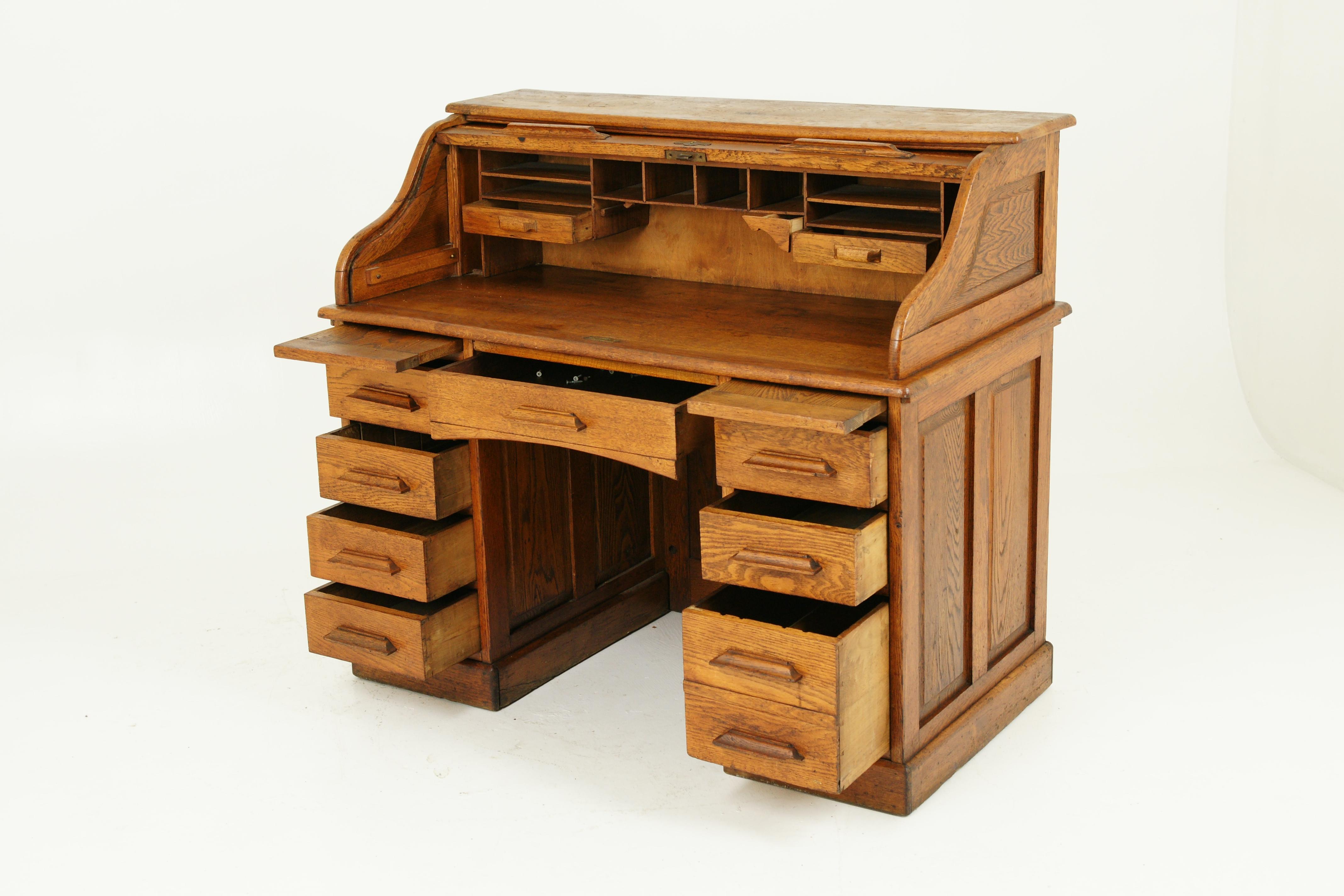 Antique Roll Top Desk, Antique Desk, Oak, Double Pedestal, Scotland, 1910 1