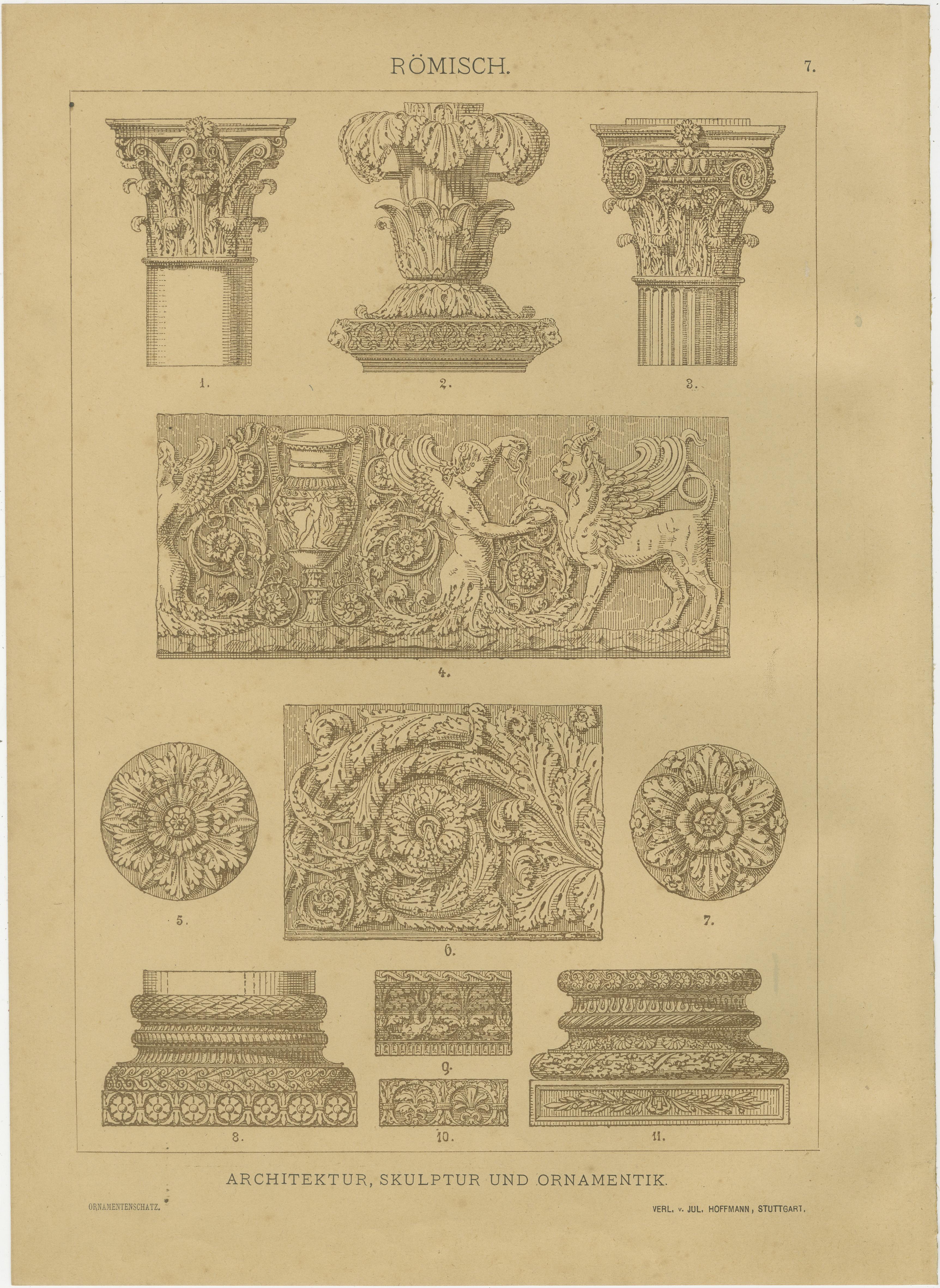 Antike römische Architektur- und Mosaik-Ornamentdrucke, veröffentlicht 1887

Dieses beeindruckende Set aus zwei antiken Drucken bietet einen detaillierten und eleganten Überblick über die dekorative Kunst der römischen Antike, einschließlich