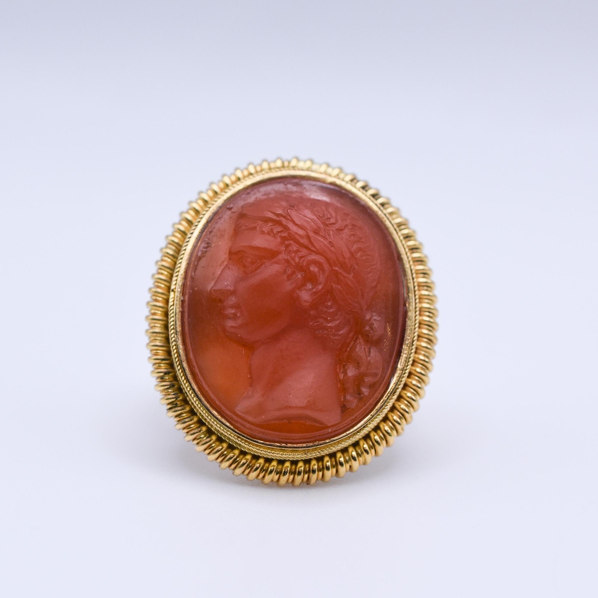 Women's or Men's Antique Roman Carnelian Cameo Gold Ring For Sale